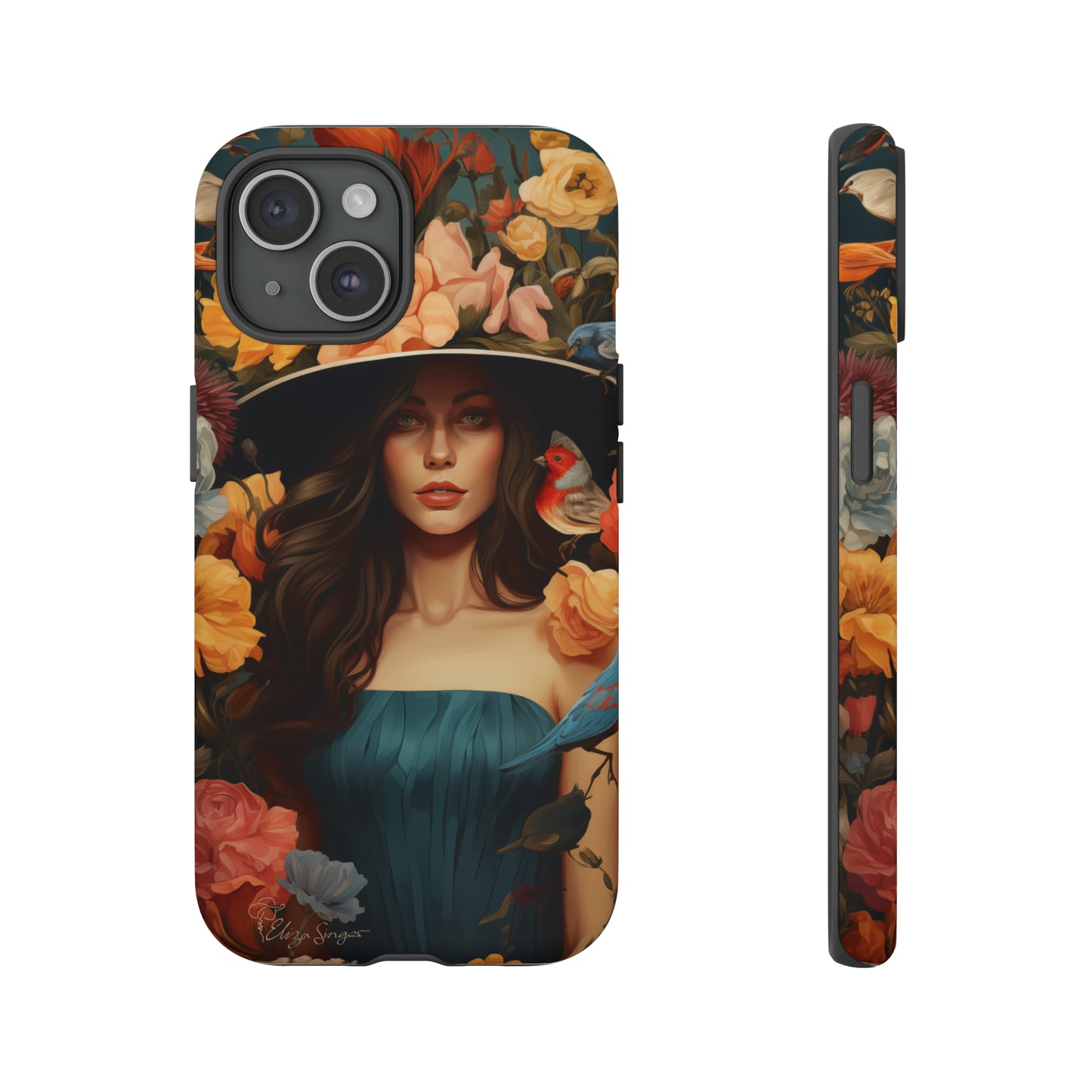Dark Elegance Unveiled: Explore our Tough Cell Phone Case with a captivating dark background and a woman adorned with a hat amid blooming flowers. This edition seamlessly blends sophistication with robust protection, showcasing the allure of dark elegance. Elevate your style and shield your device. #ElizaSinger #PhoneCase #ElegantProtection