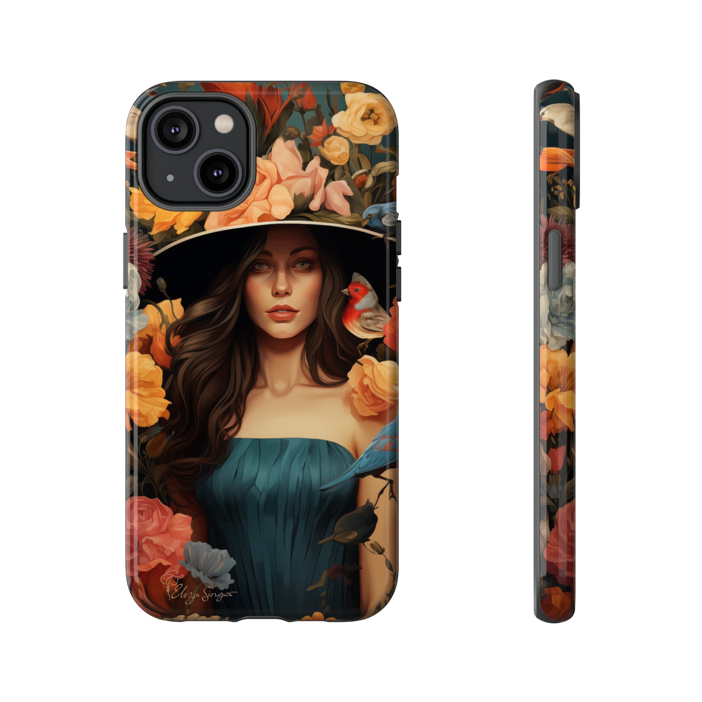 Dark Elegance Unveiled: Explore our Tough Cell Phone Case with a captivating dark background and a woman adorned with a hat amid blooming flowers. This edition seamlessly blends sophistication with robust protection, showcasing the allure of dark elegance. Elevate your style and shield your device. #ElizaSinger #PhoneCase #ElegantProtection