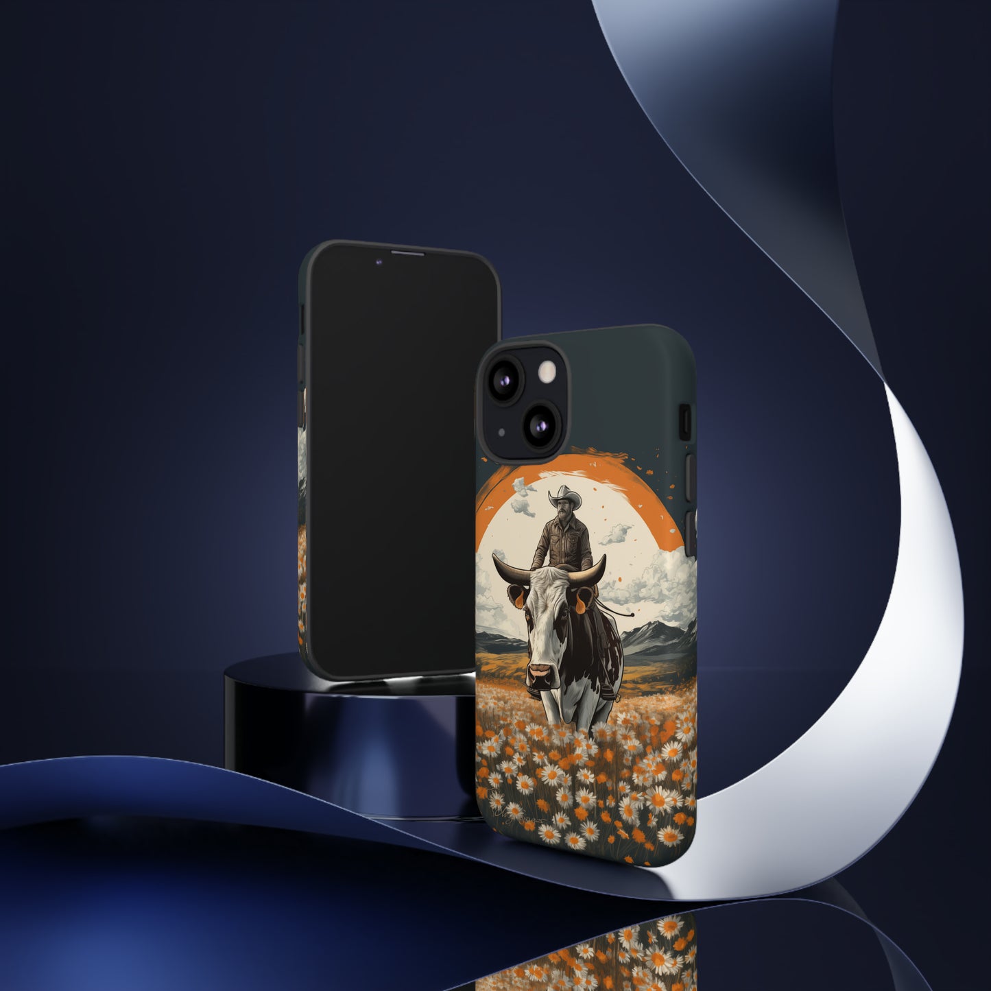 Meet 'Rugged Wrangler': Introducing our Tough Western Cell Phone Case. This unique design seamlessly combines rugged protection with a touch of whimsy, showcasing a fearless cowboy astride a dairy cow amidst a field of vibrant daisies. Elevate your style with this adventurous and protective accessory. #ElizaSinger #PhoneCase #RuggedWrangler