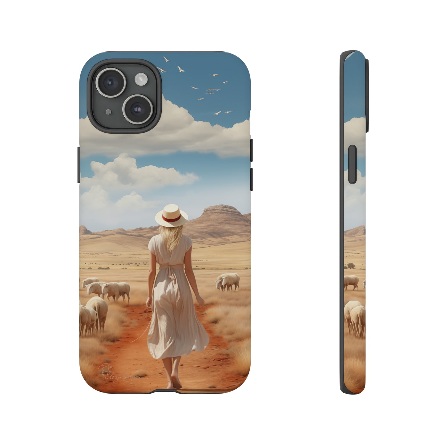 Serenity in Hand: Our Tough Western Cell Phone Case invites you to experience tranquility. A vintage painted design portrays a woman in a skirt and hat walking on a dirt road through a prairie, with grazing sheep. Let the vanishing horizon captivate your senses. Elevate your phone with timeless beauty. #ElizaSinger #PhoneCase