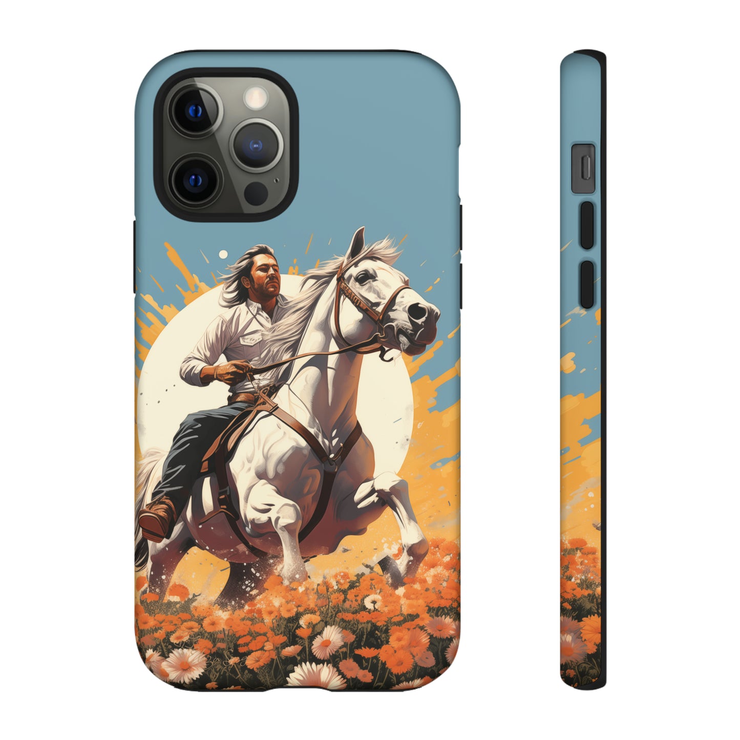 Retro Radiance Unleashed: Behold our Tough Western Cell Phone Case, featuring a vintage white horse and male rider on a vibrant turquoise backdrop. Set in a field of flowers with the sun casting a warm glow, this edition seamlessly blends style with protection. Embrace the past with this retro and stylish accessory. #ElizaSinger #PhoneCase #RetroRadiance