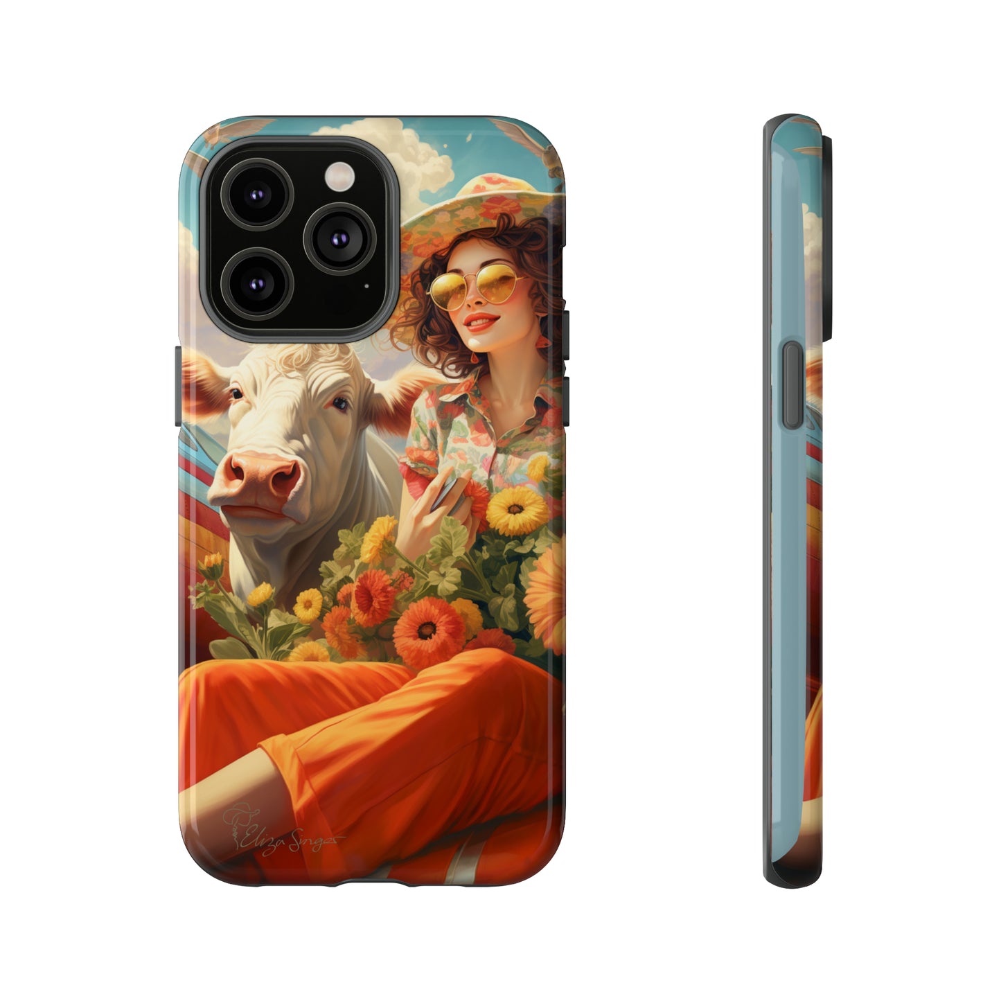 Timeless Retro Charm: Step back in time with our Tough Western Cell Phone Case. Featuring a vintage and bright design, a woman in a hat with daisies is accompanied by a cow looking over her shoulder. Experience the perfect blend of retro aesthetics and durability. Elevate your style with a touch of nostalgia. #ElizaSinger #PhoneCase #RetroStyle