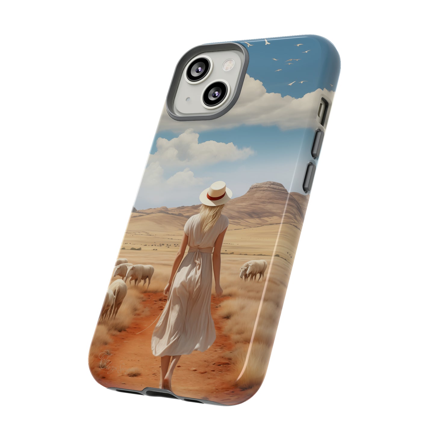 Serenity in Hand: Our Tough Western Cell Phone Case invites you to experience tranquility. A vintage painted design portrays a woman in a skirt and hat walking on a dirt road through a prairie, with grazing sheep. Let the vanishing horizon captivate your senses. Elevate your phone with timeless beauty. #ElizaSinger #PhoneCase