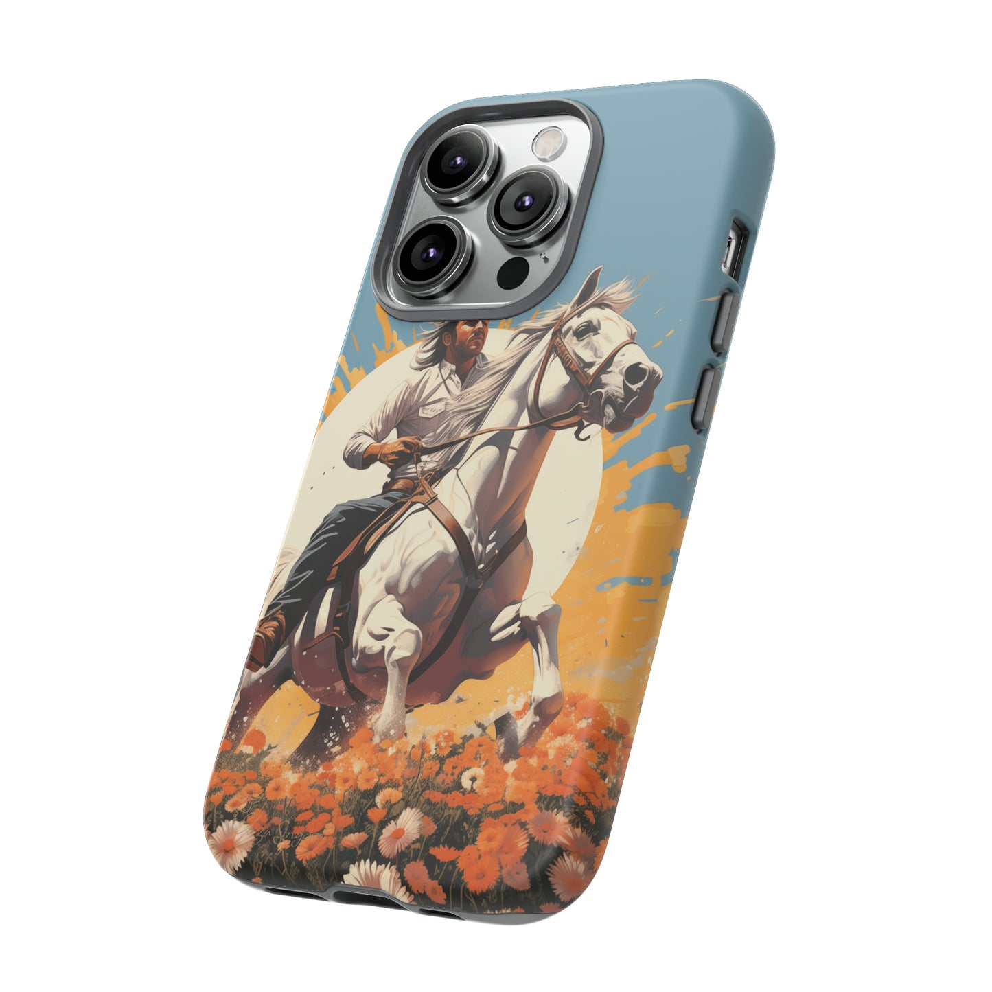 Retro Radiance Unleashed: Behold our Tough Western Cell Phone Case, featuring a vintage white horse and male rider on a vibrant turquoise backdrop. Set in a field of flowers with the sun casting a warm glow, this edition seamlessly blends style with protection. Embrace the past with this retro and stylish accessory. #ElizaSinger #PhoneCase #RetroRadiance