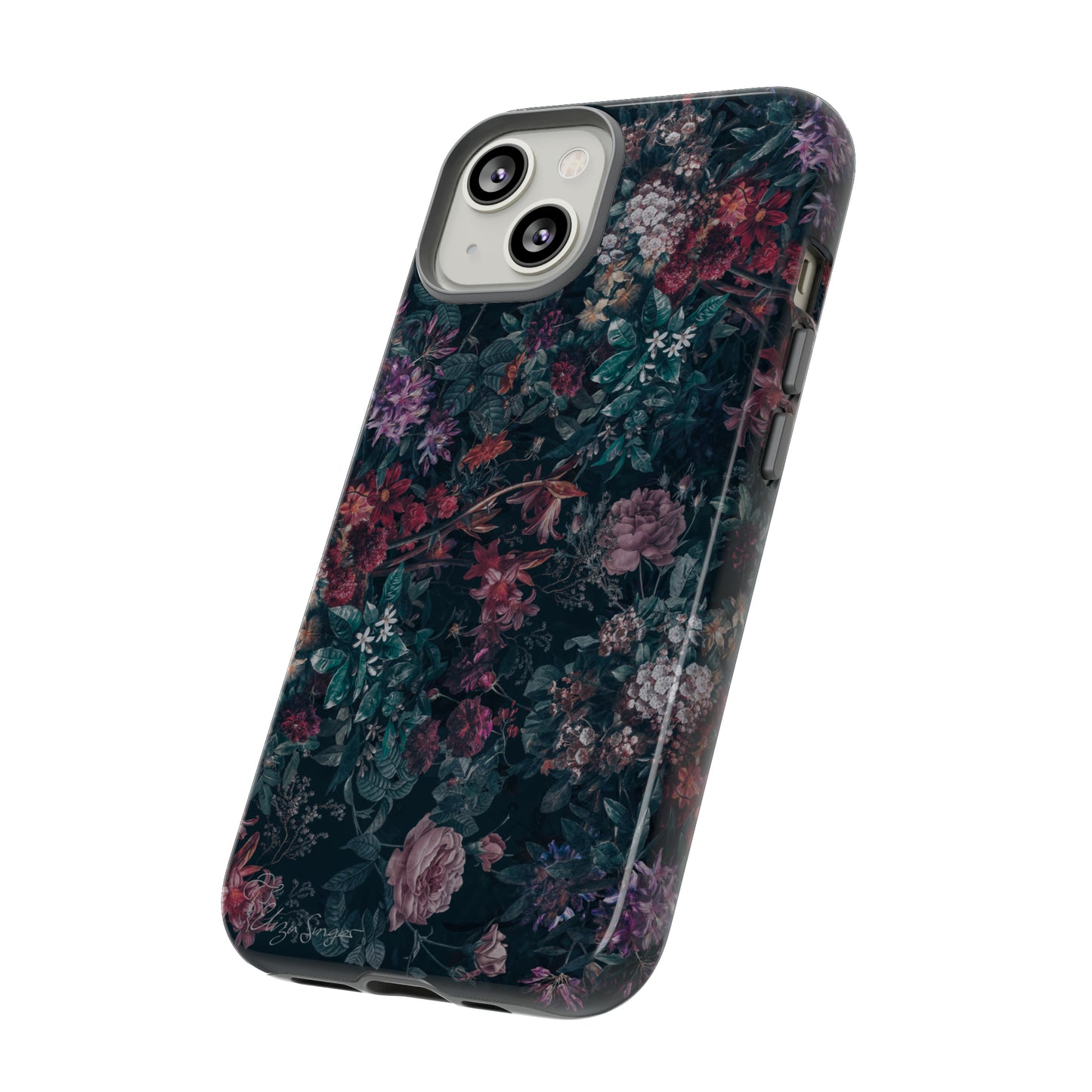 Blooms in Shadows: Botany Floral Dark iPhone Tough Protective Cover. A captivating blend of Flowers in a muted design, compatible with iPhone 15, 14, 13, 12, 11, XS, XR Pro/Max/Mini/P/Plus. Unleash Nature's Elegance with Durability and Style. #ElizaSinger #PhoneCase #FloralDesign