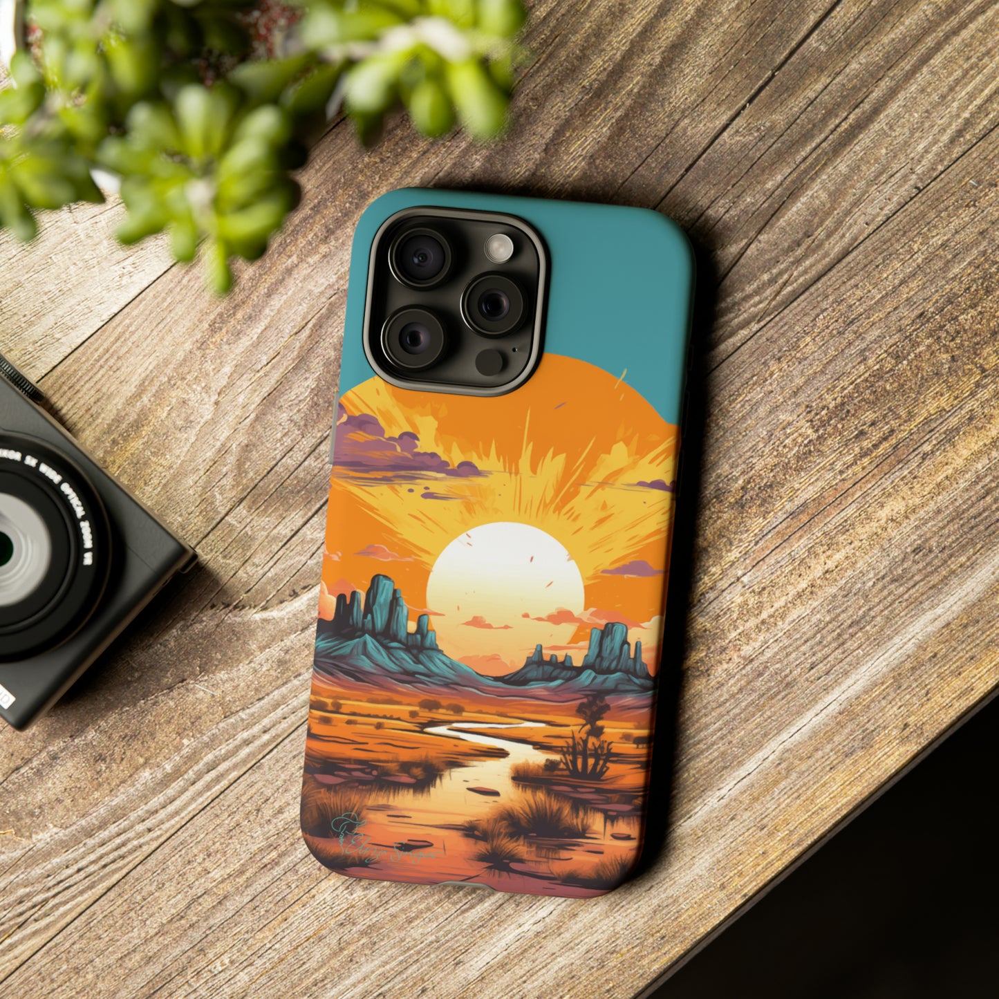 Introducing our Tough Western Cell Phone Case: Turquoise Twilight Oasis Edition! This captivating design showcases a serene landscape with a turquoise background and a mesmerizing setting sun. Enjoy the perfect blend of rugged protection and artistic flair.