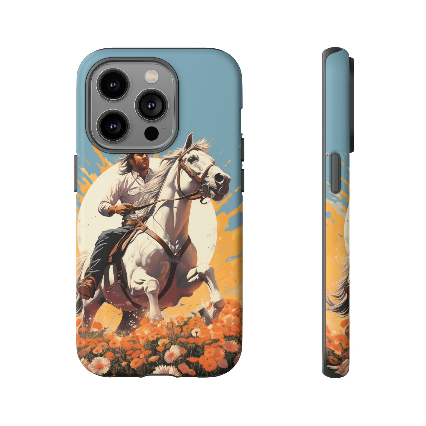 Retro Radiance Unleashed: Behold our Tough Western Cell Phone Case, featuring a vintage white horse and male rider on a vibrant turquoise backdrop. Set in a field of flowers with the sun casting a warm glow, this edition seamlessly blends style with protection. Embrace the past with this retro and stylish accessory. #ElizaSinger #PhoneCase #RetroRadiance