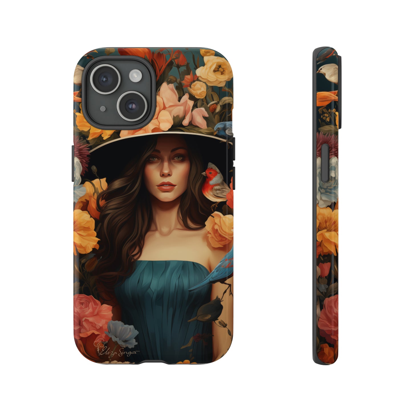 Dark Elegance Unveiled: Explore our Tough Cell Phone Case with a captivating dark background and a woman adorned with a hat amid blooming flowers. This edition seamlessly blends sophistication with robust protection, showcasing the allure of dark elegance. Elevate your style and shield your device. #ElizaSinger #PhoneCase #ElegantProtection