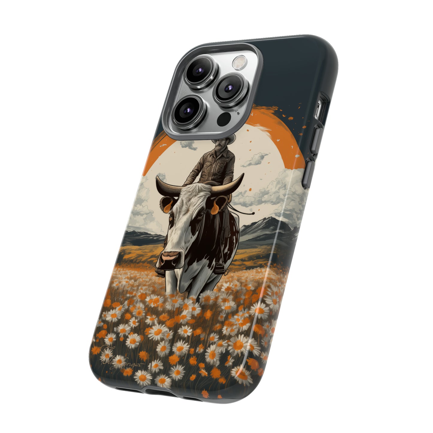 Meet 'Rugged Wrangler': Introducing our Tough Western Cell Phone Case. This unique design seamlessly combines rugged protection with a touch of whimsy, showcasing a fearless cowboy astride a dairy cow amidst a field of vibrant daisies. Elevate your style with this adventurous and protective accessory. #ElizaSinger #PhoneCase #RuggedWrangler