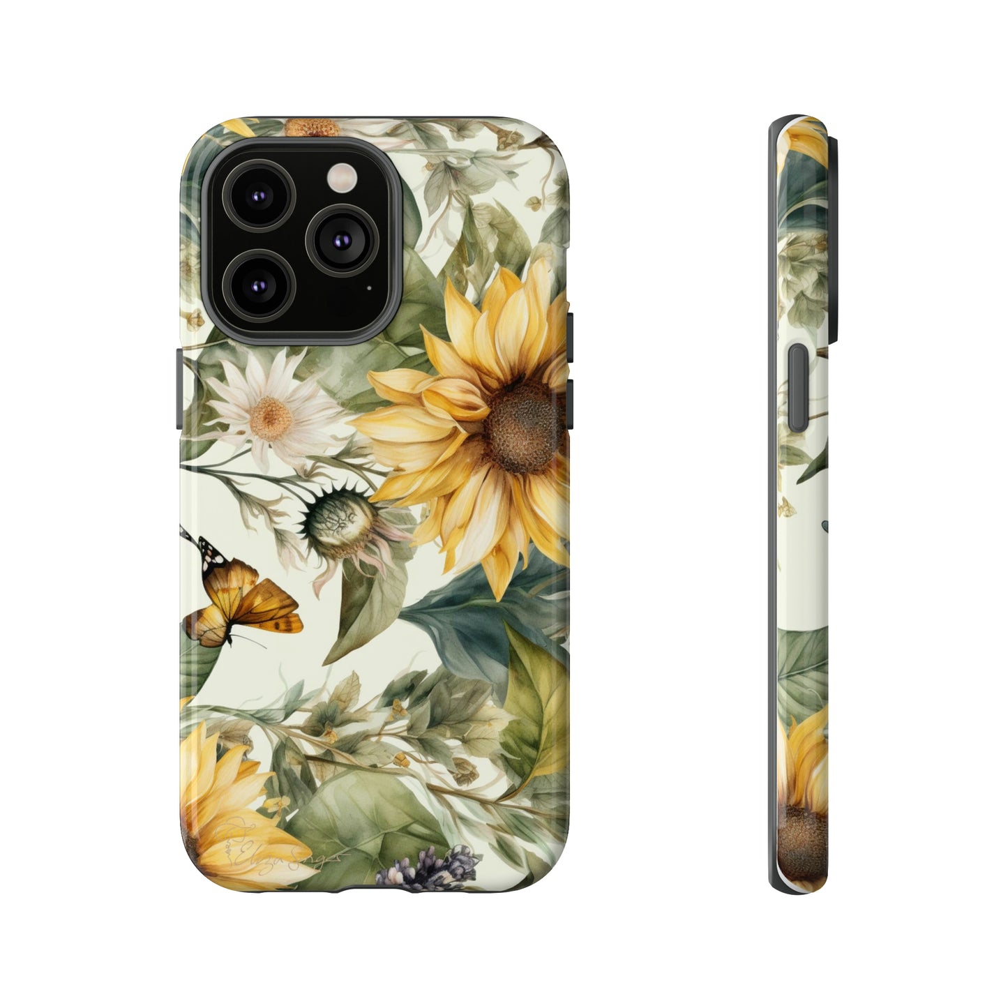 Bask in Sunshine: Beautiful Sunflower Floral iPhone Tough Protective Cover. A charming blend of Flower and Sunflowers in a cottage core style, compatible with iPhone 15, 14, 13, XS, XR Pro/Max/Mini/P/Plus. Elevate Your Device with Nature's Beauty and Durability. #ElizaSinger #PhoneCase #FloralDesign