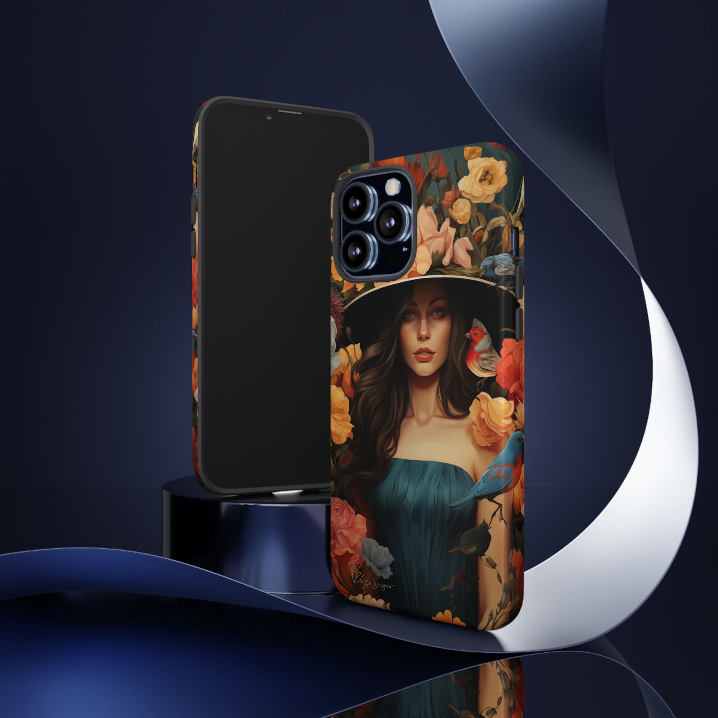 Dark Elegance Unveiled: Explore our Tough Cell Phone Case with a captivating dark background and a woman adorned with a hat amid blooming flowers. This edition seamlessly blends sophistication with robust protection, showcasing the allure of dark elegance. Elevate your style and shield your device. #ElizaSinger #PhoneCase #ElegantProtection