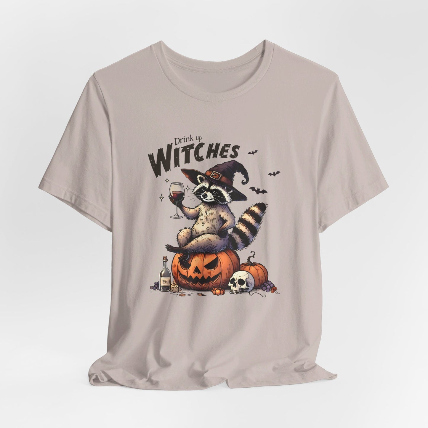 Drink Up Witches: Halloween Bella Canvas T-shirt with Raccoon