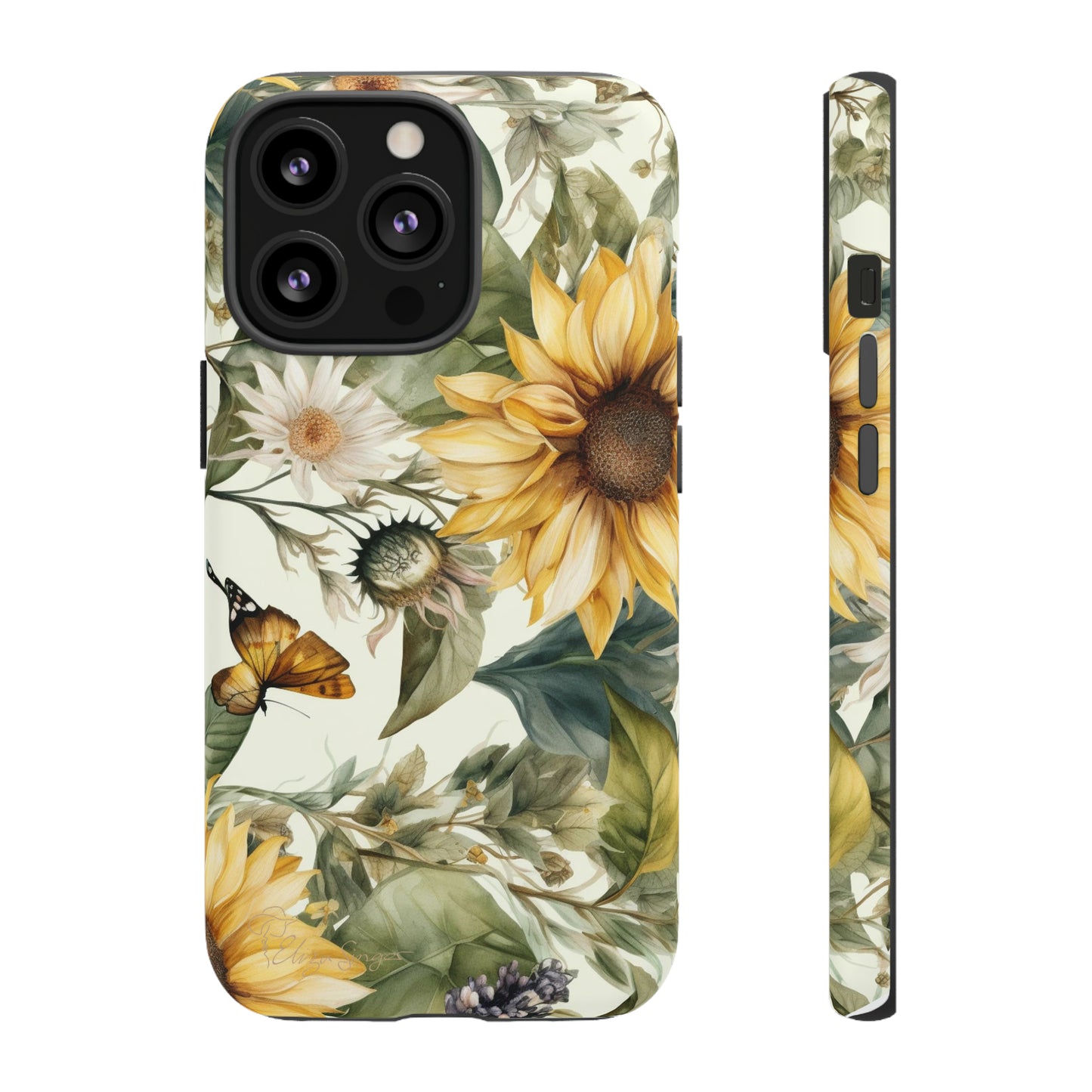 Bask in Sunshine: Beautiful Sunflower Floral iPhone Tough Protective Cover. A charming blend of Flower and Sunflowers in a cottage core style, compatible with iPhone 15, 14, 13, XS, XR Pro/Max/Mini/P/Plus. Elevate Your Device with Nature's Beauty and Durability. #ElizaSinger #PhoneCase #FloralDesign