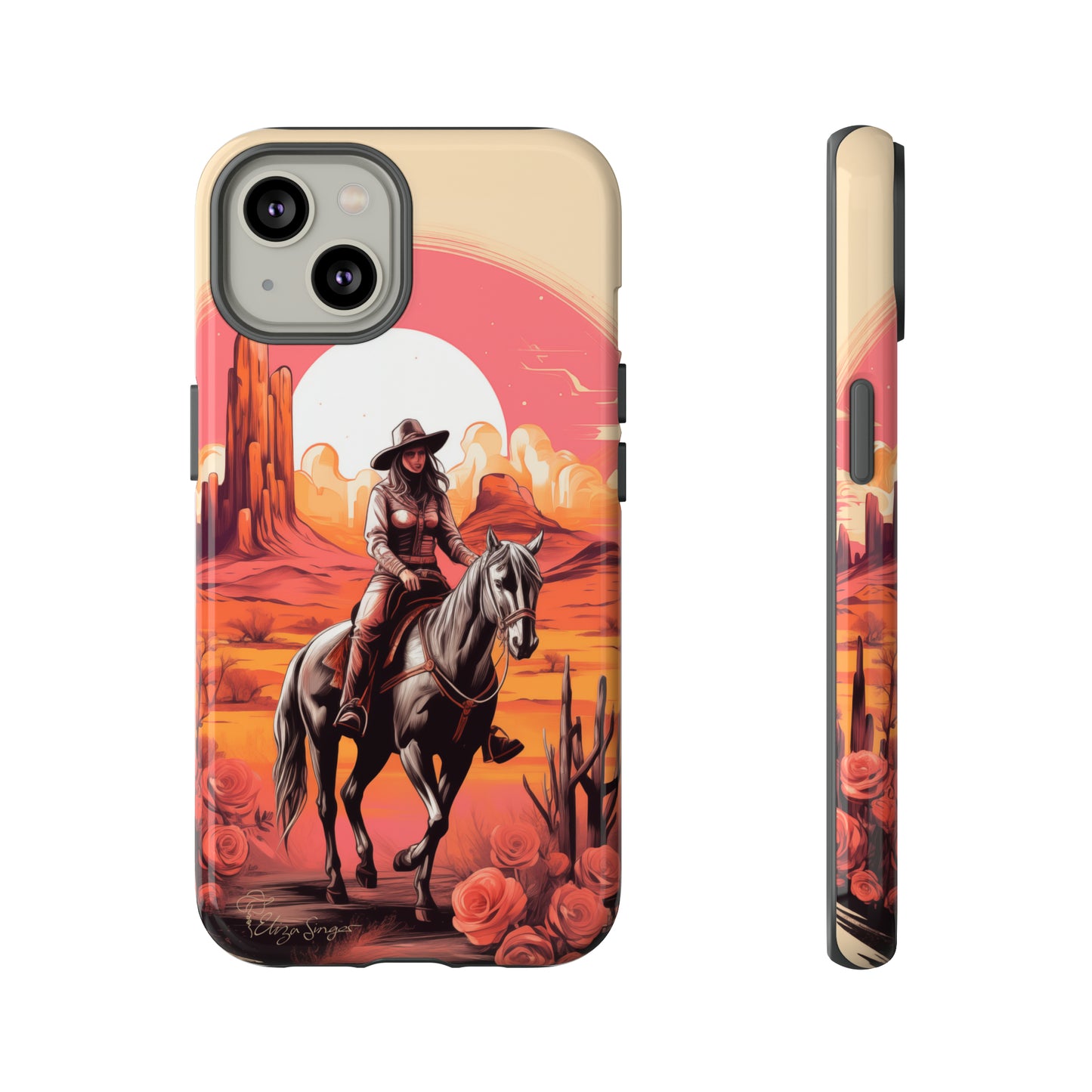 Feminine Adventure Unleashed: Introducing our Tough Western Cell Phone Case, adorned with a stunning design of a cowgirl riding a horse through the desert, surrounded by shades of coral. This unique edition seamlessly combines rugged protection with a touch of feminine flair. Elevate your style with a dash of adventurous charm. #ElizaSinger #PhoneCase #FeminineAdventure