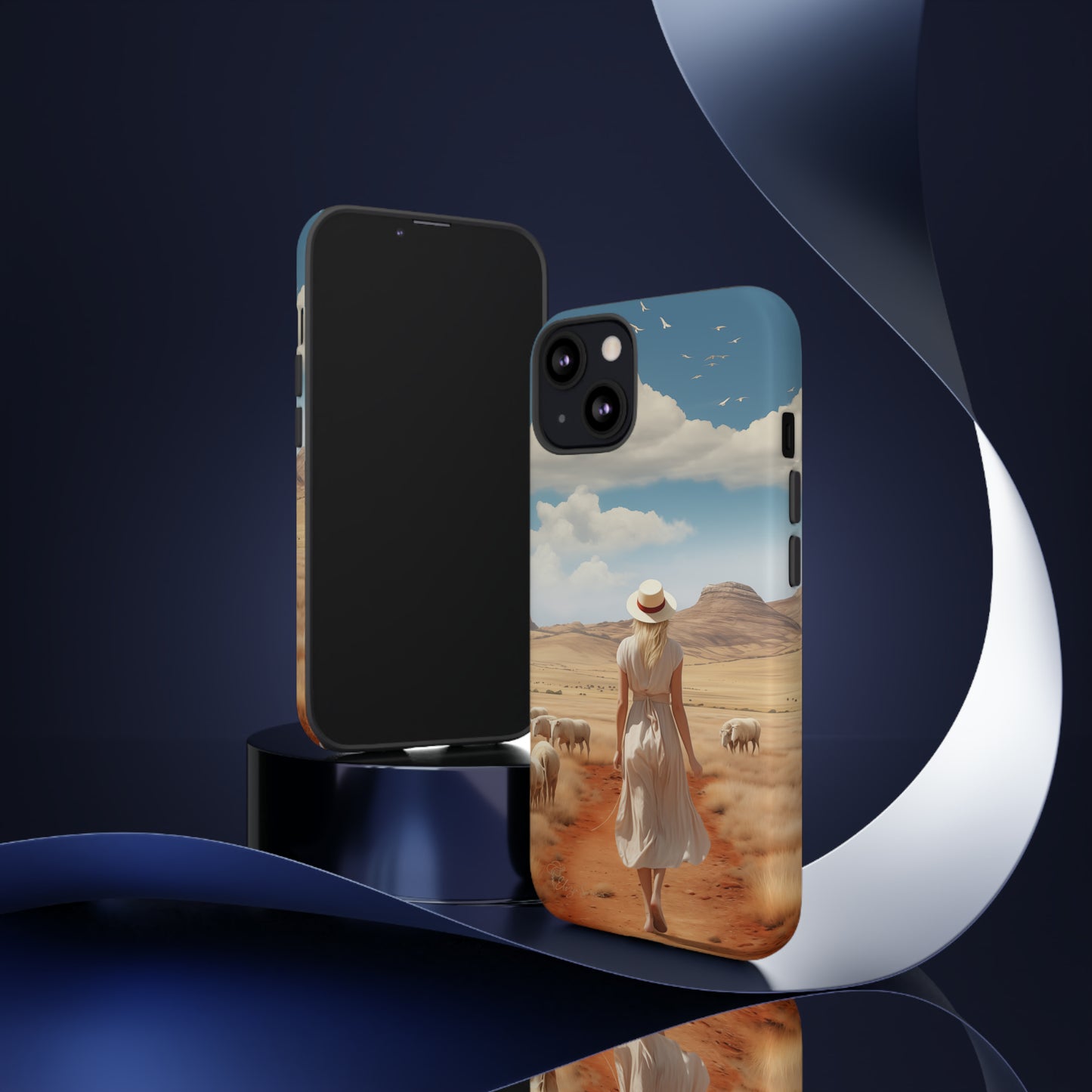 Serenity in Hand: Our Tough Western Cell Phone Case invites you to experience tranquility. A vintage painted design portrays a woman in a skirt and hat walking on a dirt road through a prairie, with grazing sheep. Let the vanishing horizon captivate your senses. Elevate your phone with timeless beauty. #ElizaSinger #PhoneCase