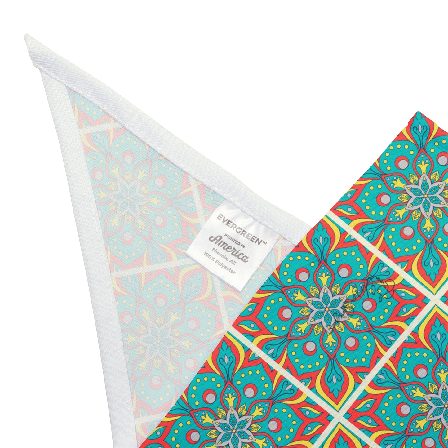 Elevate your dog's style with our Tiled Mandala Dog Bandana/Wild Rag. The turquoise, red, and yellow tiled mandala style design adds a touch of intricate elegance. Crafted from soft-spun polyester, this wild rag ensures comfort and durability. Make every stroll a stylish affair with this exclusive design, available only at Eliza Singer.