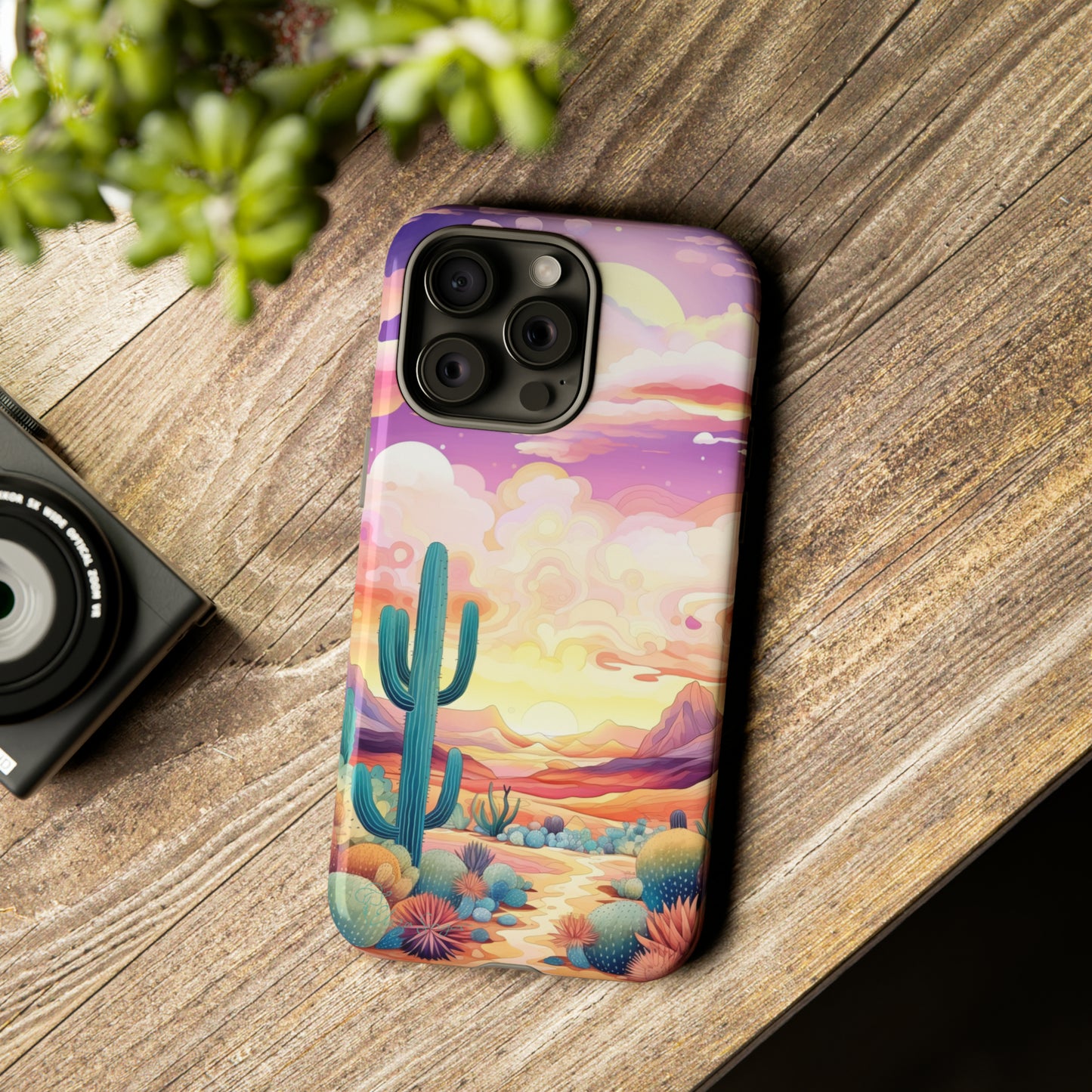 Introducing our Western Tough Cell Phone Case: Psychedelic Desert Dream Edition! Step into a surreal world with a psychedelic desert landscape, dreamy sky, and cactus. This case combines rugged protection with a touch of otherworldly charm.