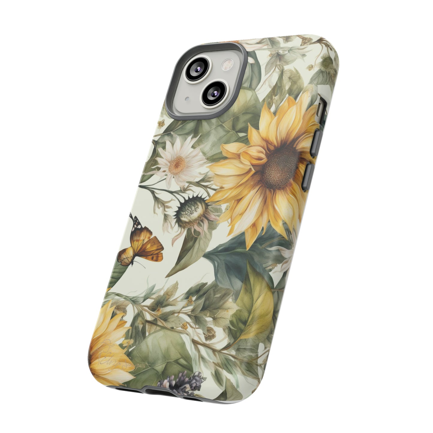 Bask in Sunshine: Beautiful Sunflower Floral iPhone Tough Protective Cover. A charming blend of Flower and Sunflowers in a cottage core style, compatible with iPhone 15, 14, 13, XS, XR Pro/Max/Mini/P/Plus. Elevate Your Device with Nature's Beauty and Durability. #ElizaSinger #PhoneCase #FloralDesign