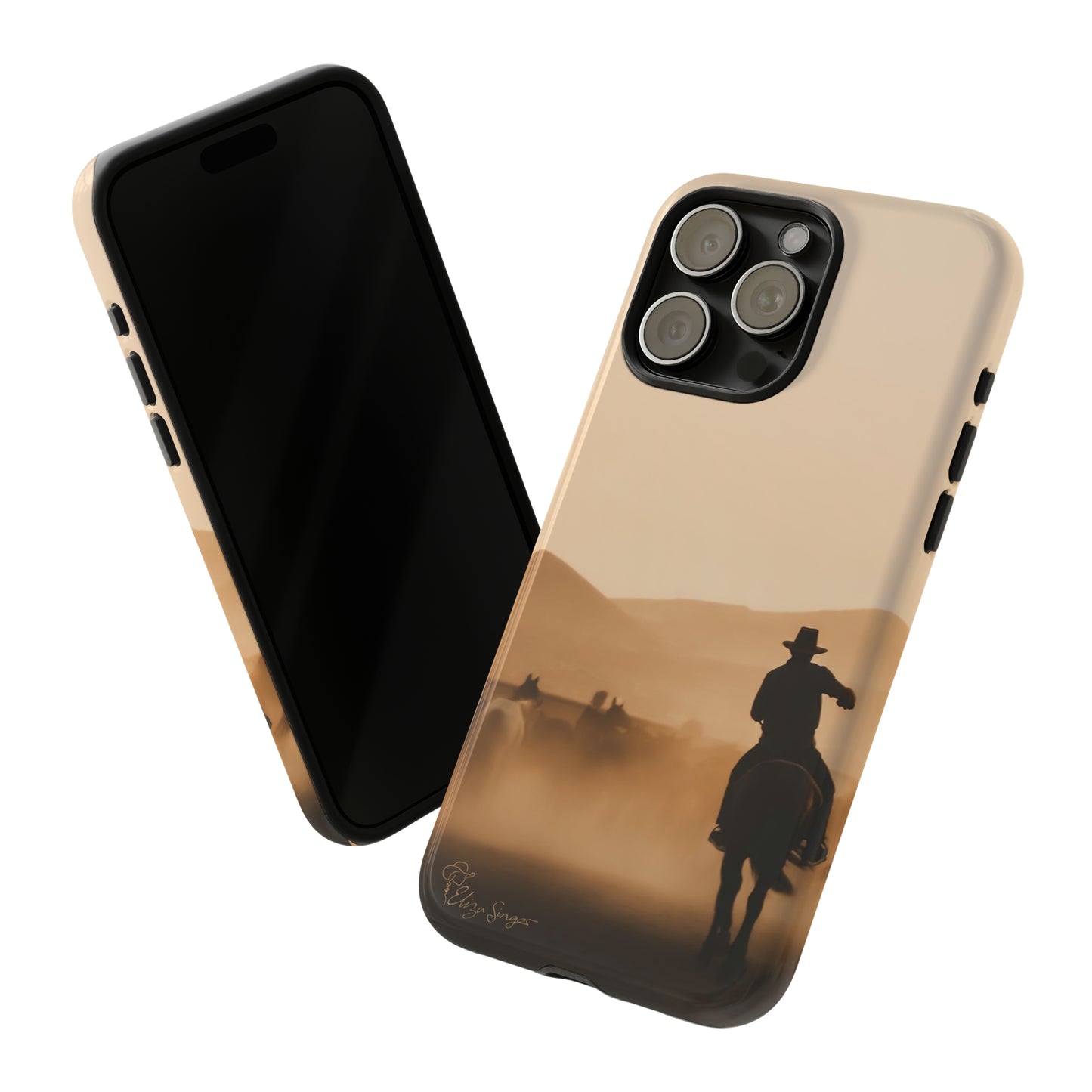 Capture the Western Spirit: Horse Art Western Photo Yellowstone Design iPhone Tough Protective Cover. Featuring a Cowboy amidst Mountains and Buckskin hues. Compatible with iPhone 15, 14, 13, XS, XR Pro/Max/Mini/P/Plus. Bring the Wild West to Your Device with Style and Durability. #ElizaSinger #PhoneCase #WesternDesign