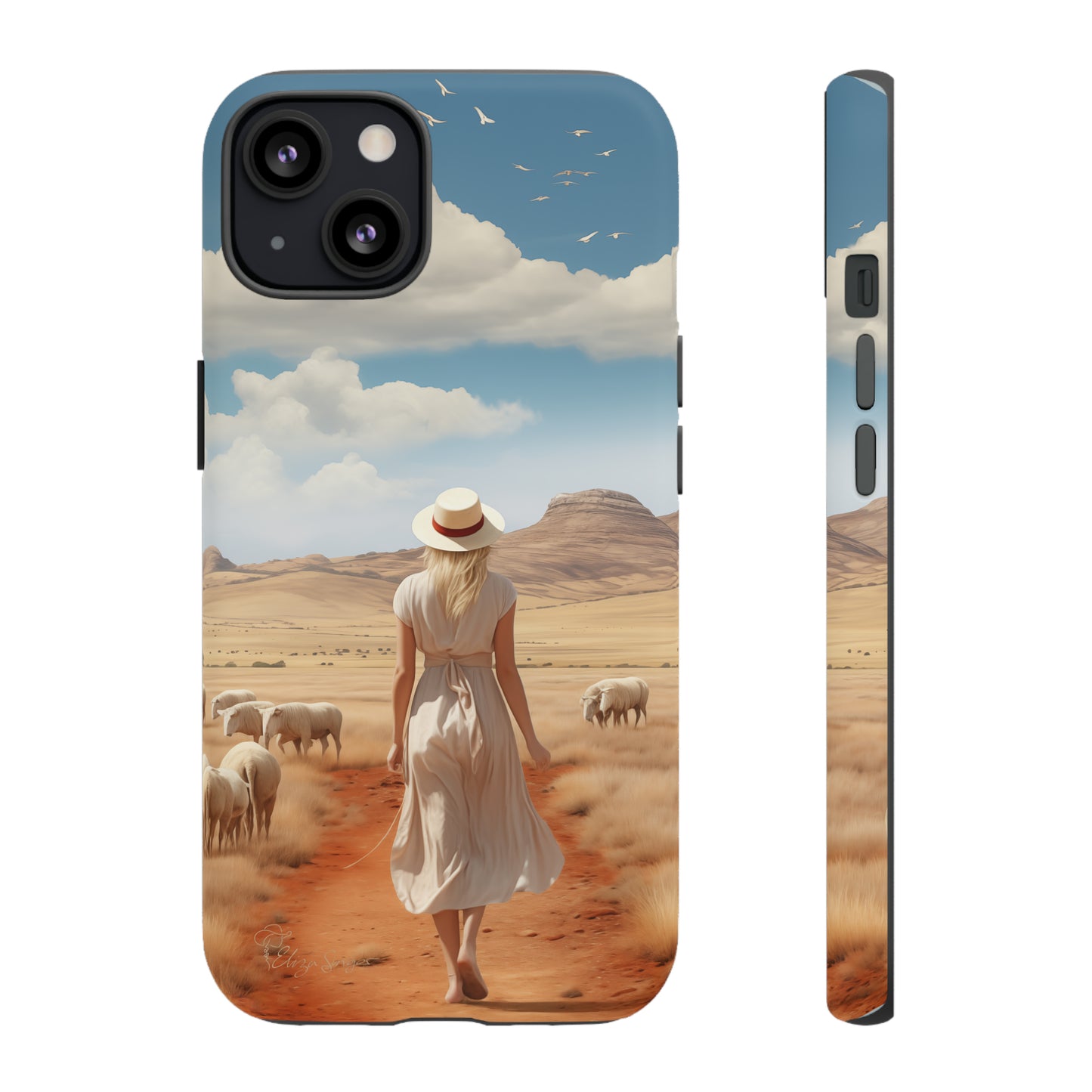 Serenity in Hand: Our Tough Western Cell Phone Case invites you to experience tranquility. A vintage painted design portrays a woman in a skirt and hat walking on a dirt road through a prairie, with grazing sheep. Let the vanishing horizon captivate your senses. Elevate your phone with timeless beauty. #ElizaSinger #PhoneCase