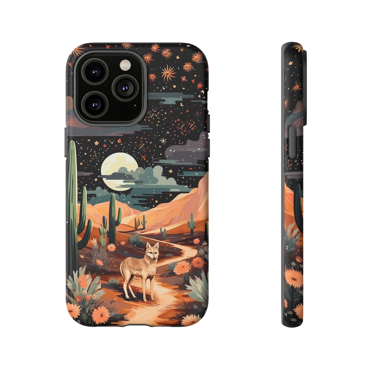 Introducing our Tough Western Cell Phone Case: Twilight Desert Jackal Remix Edition! A variation of our popular design, this edition features a jackal in a desert landscape with a starry night sky and cacti. Get ready for a unique twist on classic rugged protection.