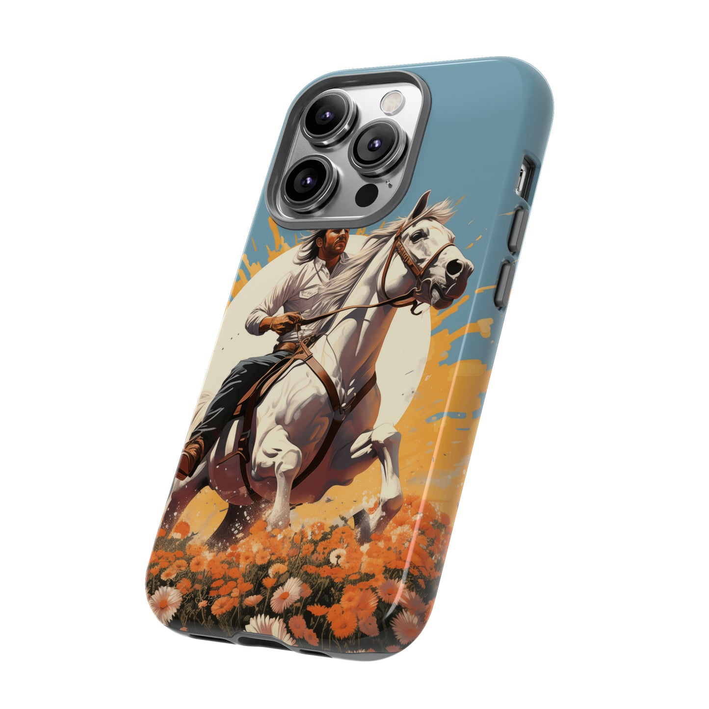Retro Radiance Unleashed: Behold our Tough Western Cell Phone Case, featuring a vintage white horse and male rider on a vibrant turquoise backdrop. Set in a field of flowers with the sun casting a warm glow, this edition seamlessly blends style with protection. Embrace the past with this retro and stylish accessory. #ElizaSinger #PhoneCase #RetroRadiance