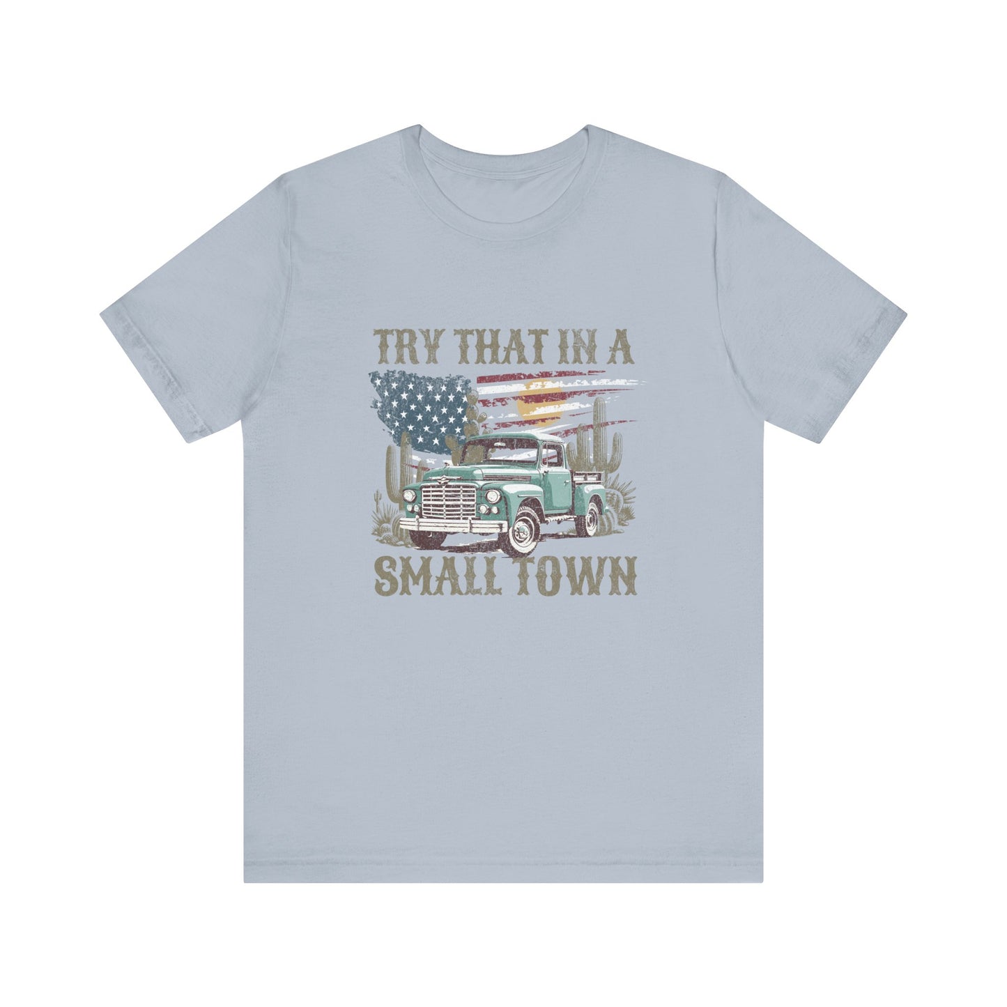Small Town Pride: Bella Canvas T-shirt with Vintage Pickup and Flag