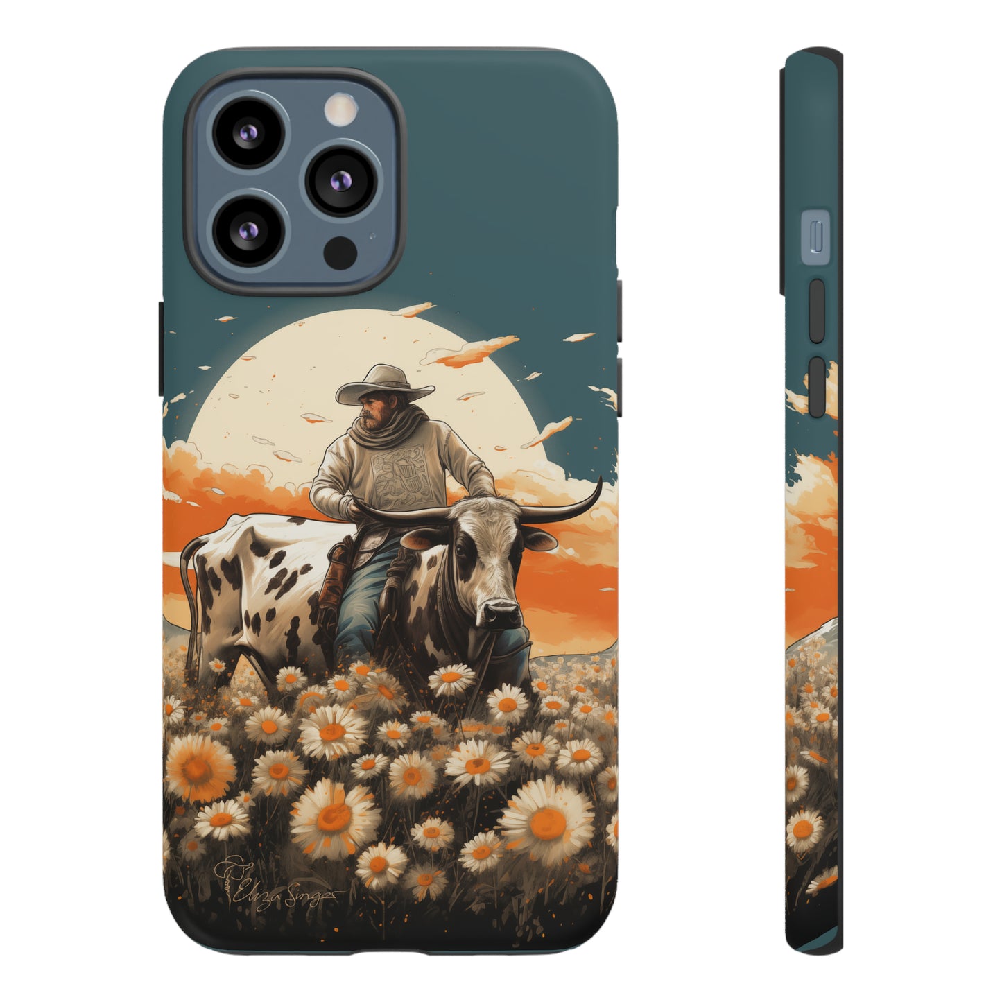 Harmony of Contrasts: Dive into our Tough Cell Phone Case, a visual symphony featuring a bullrider on a black and white dairy cow amidst a vibrant field of flowers. This edition effortlessly merges toughness with artistic flair, offering a unique and captivating contrast. Elevate your phone with rugged elegance. #ElizaSinger #PhoneCase #ContrastHarmony