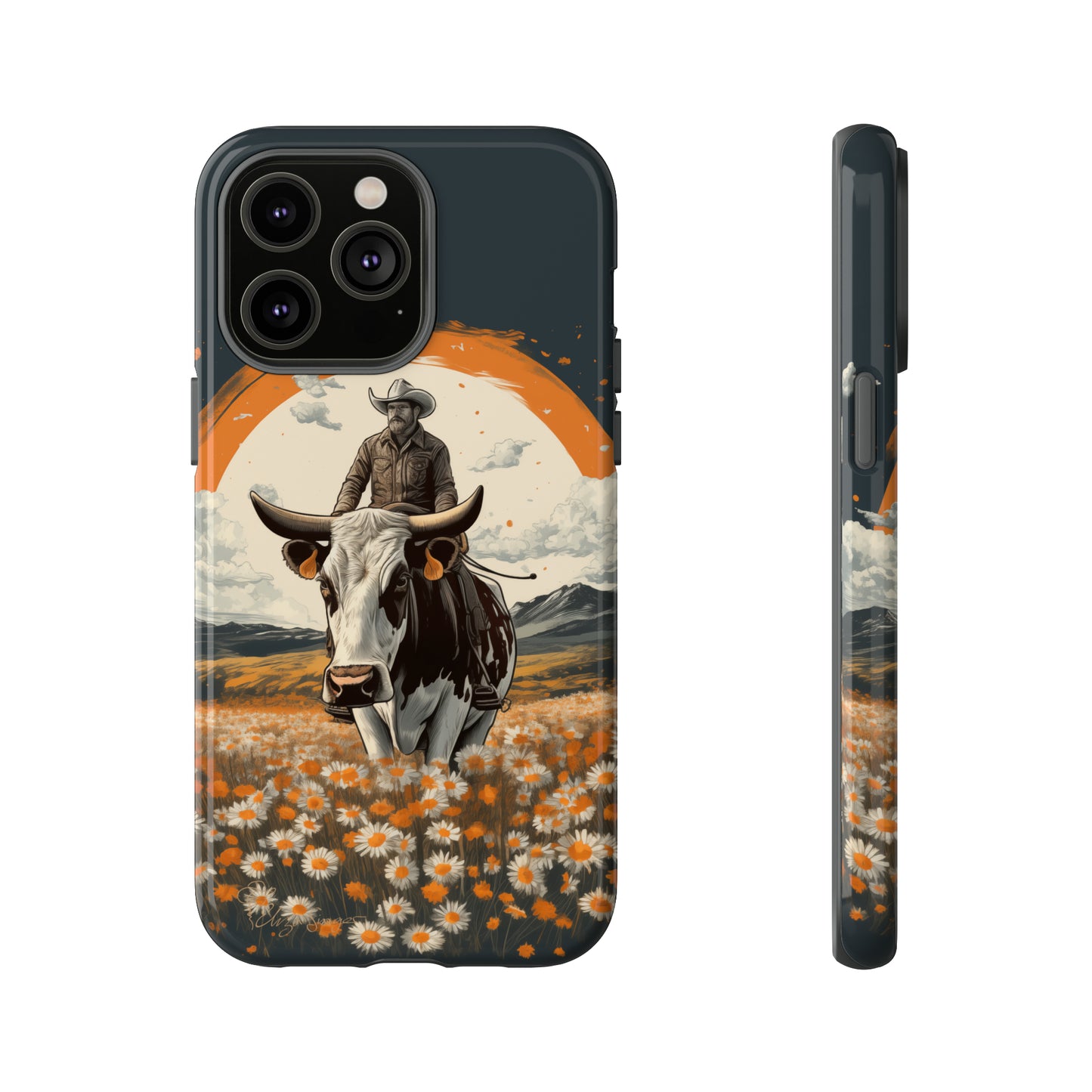 Meet 'Rugged Wrangler': Introducing our Tough Western Cell Phone Case. This unique design seamlessly combines rugged protection with a touch of whimsy, showcasing a fearless cowboy astride a dairy cow amidst a field of vibrant daisies. Elevate your style with this adventurous and protective accessory. #ElizaSinger #PhoneCase #RuggedWrangler