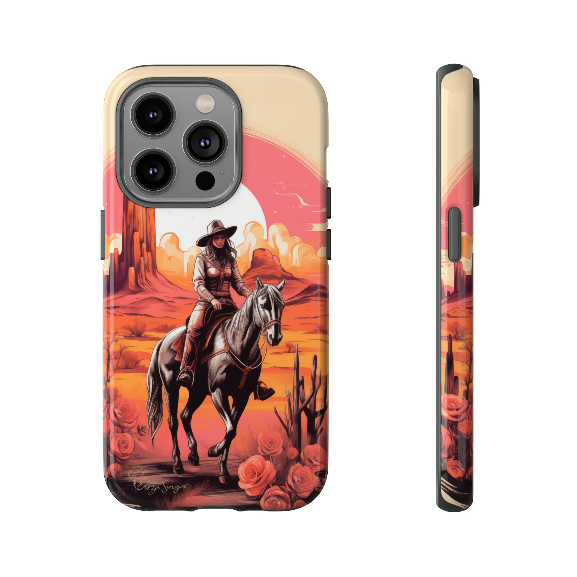 Feminine Adventure Unleashed: Introducing our Tough Western Cell Phone Case, adorned with a stunning design of a cowgirl riding a horse through the desert, surrounded by shades of coral. This unique edition seamlessly combines rugged protection with a touch of feminine flair. Elevate your style with a dash of adventurous charm. #ElizaSinger #PhoneCase #FeminineAdventure
