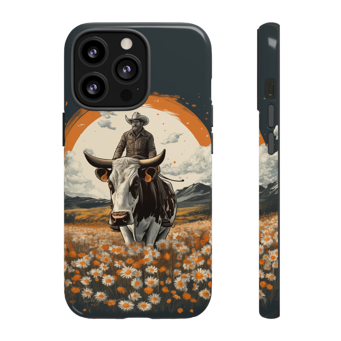 Meet 'Rugged Wrangler': Introducing our Tough Western Cell Phone Case. This unique design seamlessly combines rugged protection with a touch of whimsy, showcasing a fearless cowboy astride a dairy cow amidst a field of vibrant daisies. Elevate your style with this adventurous and protective accessory. #ElizaSinger #PhoneCase #RuggedWrangler