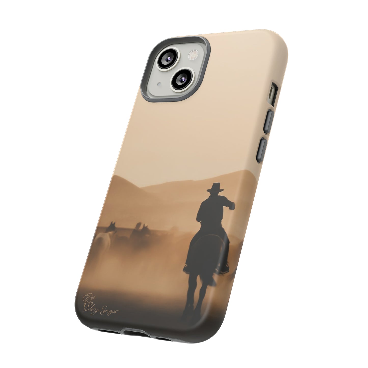 Capture the Western Spirit: Horse Art Western Photo Yellowstone Design iPhone Tough Protective Cover. Featuring a Cowboy amidst Mountains and Buckskin hues. Compatible with iPhone 15, 14, 13, XS, XR Pro/Max/Mini/P/Plus. Bring the Wild West to Your Device with Style and Durability. #ElizaSinger #PhoneCase #WesternDesign