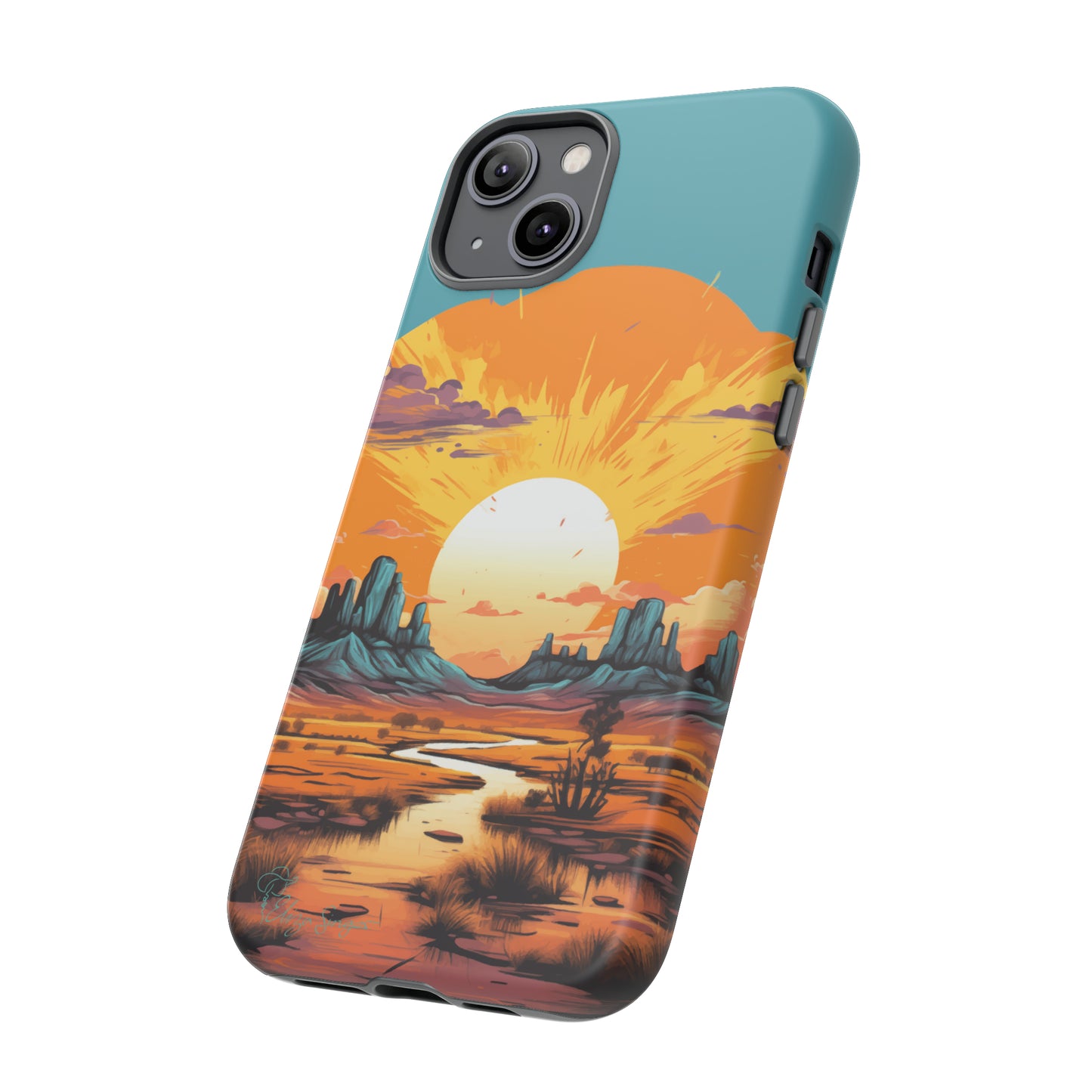 Introducing our Tough Western Cell Phone Case: Turquoise Twilight Oasis Edition! This captivating design showcases a serene landscape with a turquoise background and a mesmerizing setting sun. Enjoy the perfect blend of rugged protection and artistic flair.