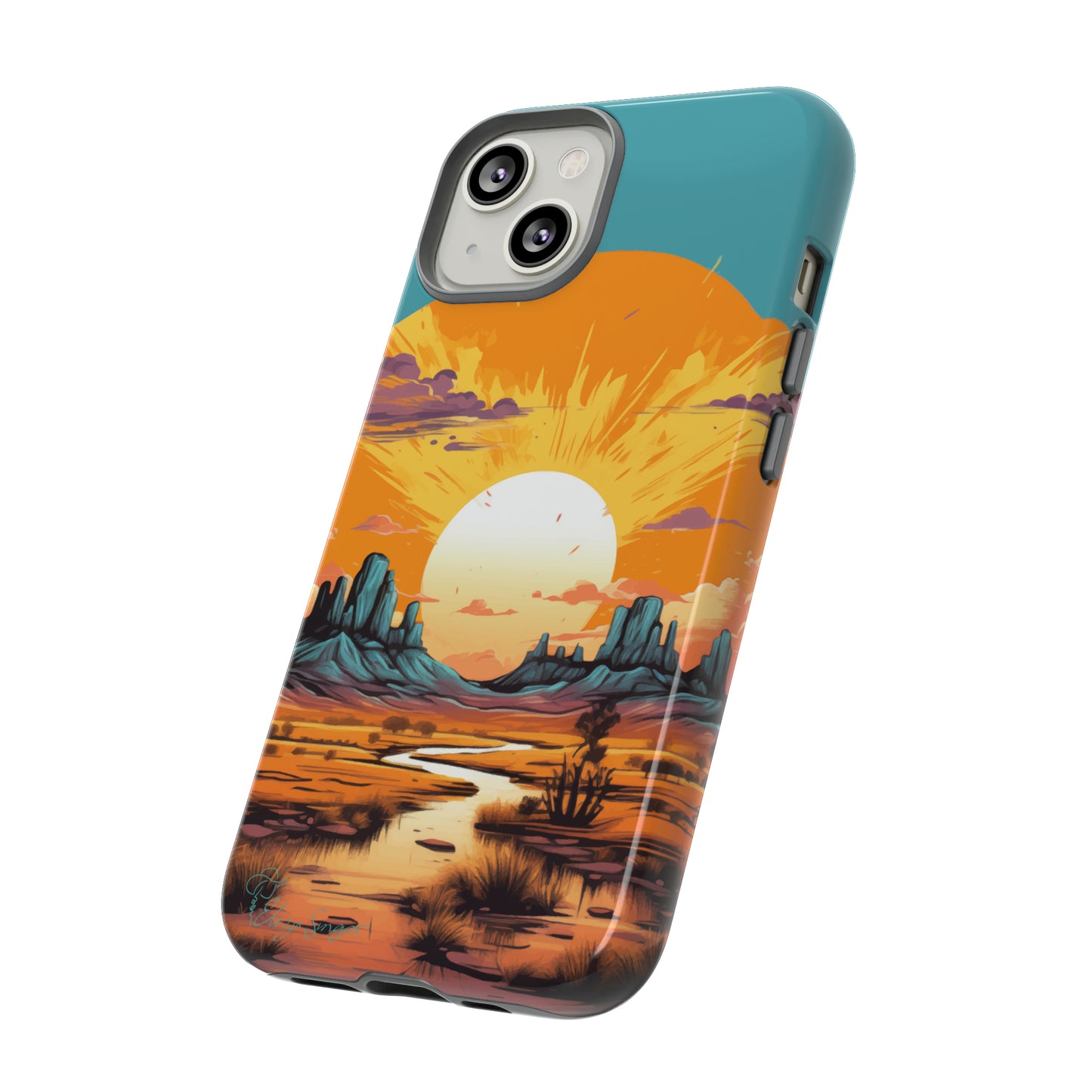 Introducing our Tough Western Cell Phone Case: Turquoise Twilight Oasis Edition! This captivating design showcases a serene landscape with a turquoise background and a mesmerizing setting sun. Enjoy the perfect blend of rugged protection and artistic flair.
