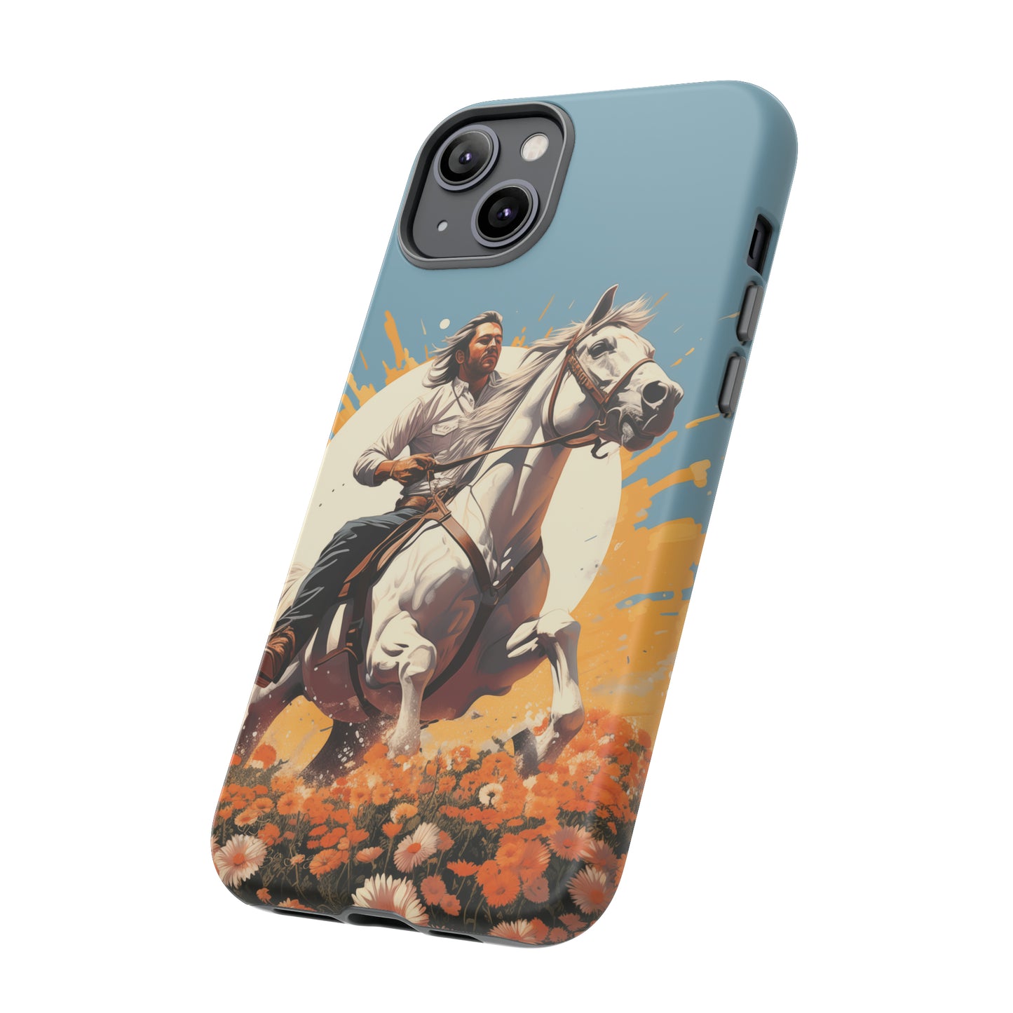 Retro Radiance Unleashed: Behold our Tough Western Cell Phone Case, featuring a vintage white horse and male rider on a vibrant turquoise backdrop. Set in a field of flowers with the sun casting a warm glow, this edition seamlessly blends style with protection. Embrace the past with this retro and stylish accessory. #ElizaSinger #PhoneCase #RetroRadiance
