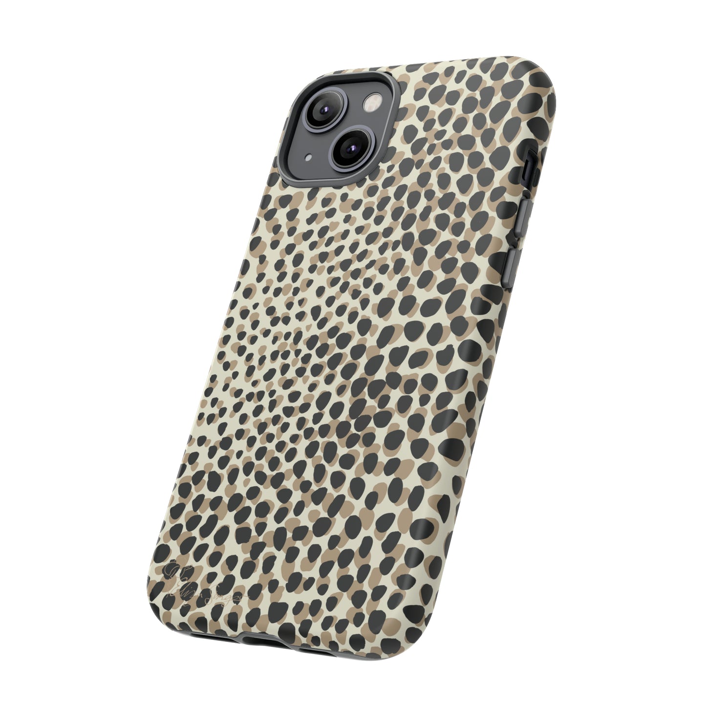 Elevate Your Tech: Abstract Neutral Animal Print iPhone Tough Protective Cover. Leopard-Painted Design in Beige and Black. Compatible with iPhone 15, 14, 13, XS, XR Pro/Max/Mini/P/Plus. Combine Style with Durability. #ElizaSinger #PhoneCase #LeopardPrint