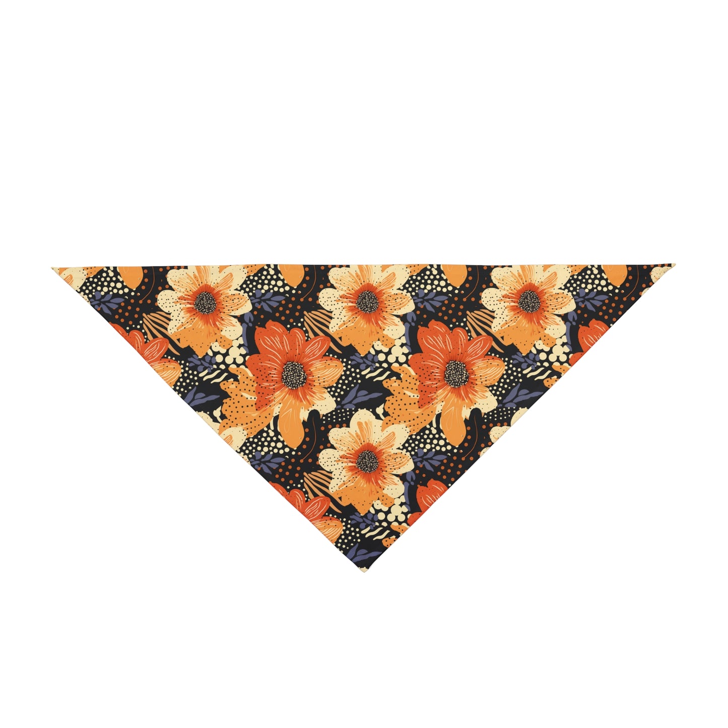 Add a touch of vibrancy to your dog's ensemble with our Abstract Sunset Dog Bandana/Wild Rag. The abstract shades of orange flowers on a black background, with small texture details like polka dots, create a lively and artistic look. Crafted from soft-spun polyester, this wild rag ensures comfort and style. Make a bold statement on every adventure with this exclusive design, available only at Eliza Singer.