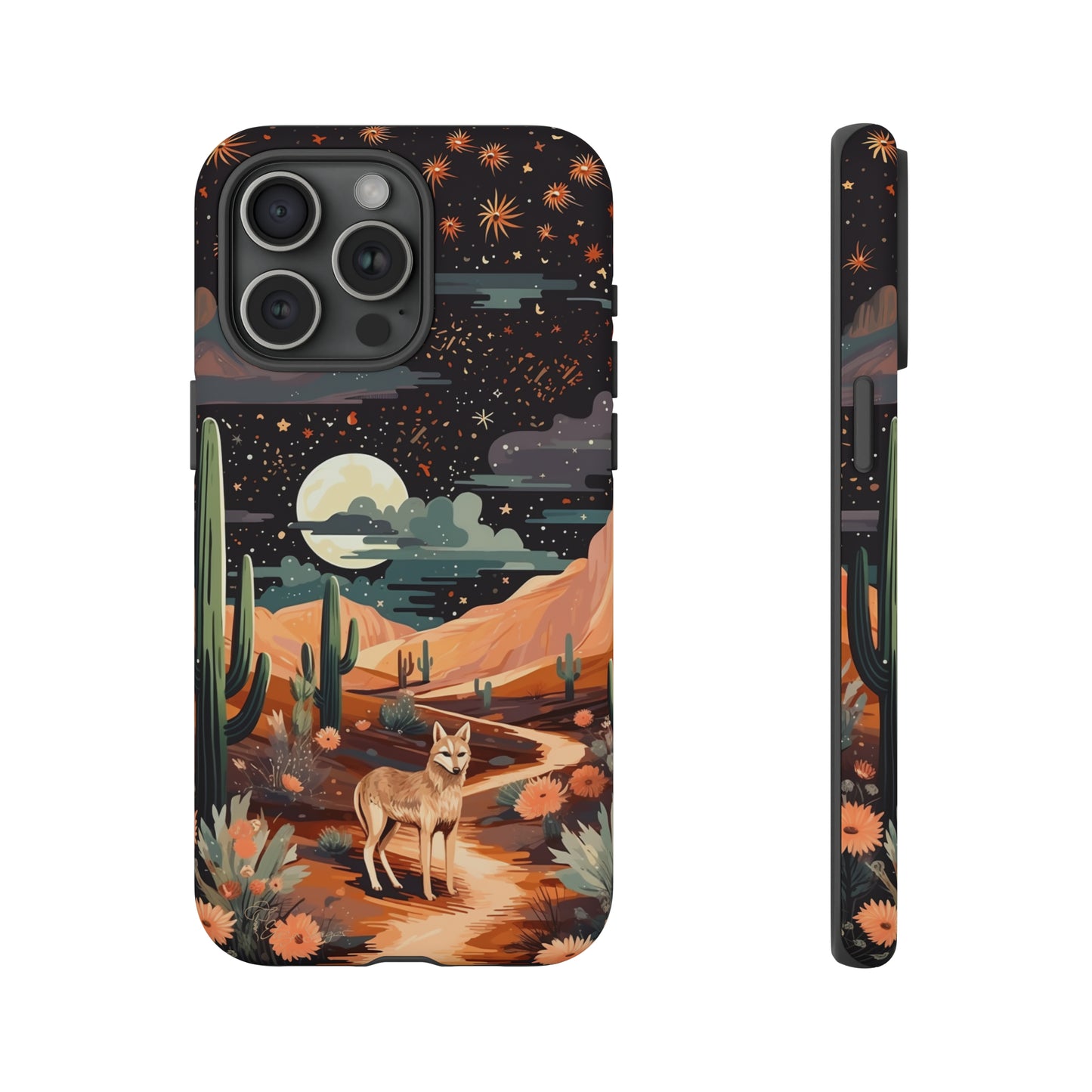 Introducing our Tough Western Cell Phone Case: Twilight Desert Jackal Remix Edition! A variation of our popular design, this edition features a jackal in a desert landscape with a starry night sky and cacti. Get ready for a unique twist on classic rugged protection.