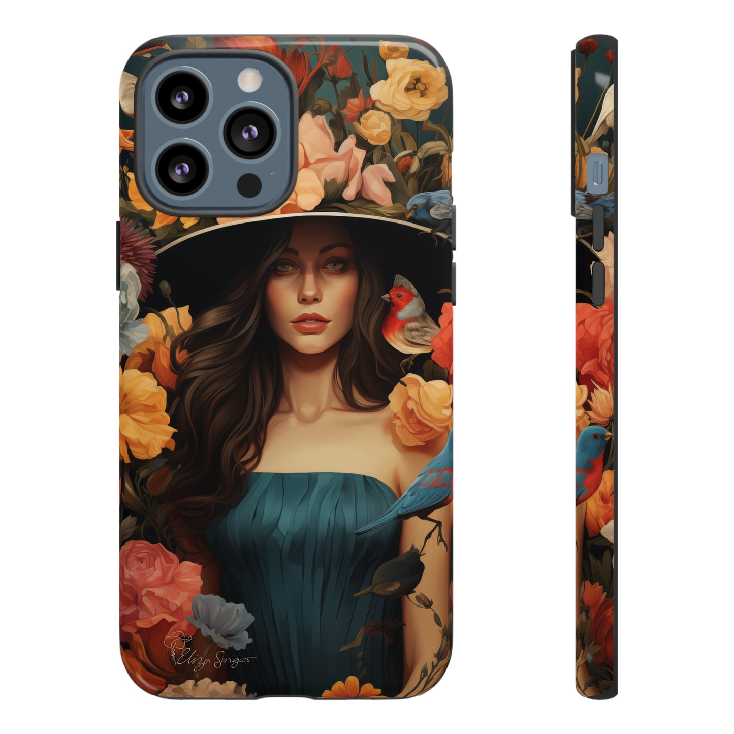 Dark Elegance Unveiled: Explore our Tough Cell Phone Case with a captivating dark background and a woman adorned with a hat amid blooming flowers. This edition seamlessly blends sophistication with robust protection, showcasing the allure of dark elegance. Elevate your style and shield your device. #ElizaSinger #PhoneCase #ElegantProtection