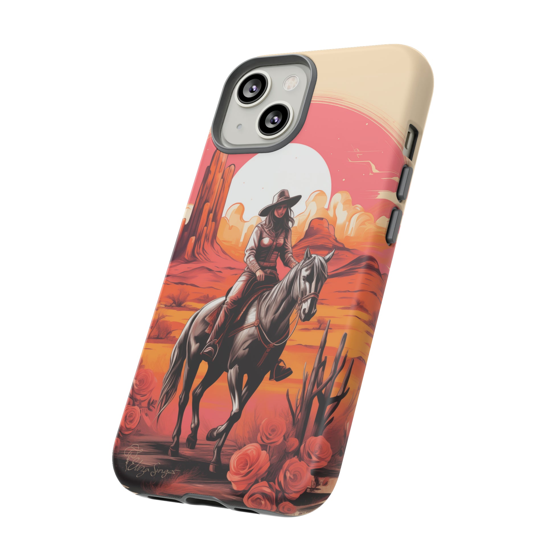 Feminine Adventure Unleashed: Introducing our Tough Western Cell Phone Case, adorned with a stunning design of a cowgirl riding a horse through the desert, surrounded by shades of coral. This unique edition seamlessly combines rugged protection with a touch of feminine flair. Elevate your style with a dash of adventurous charm. #ElizaSinger #PhoneCase #FeminineAdventure