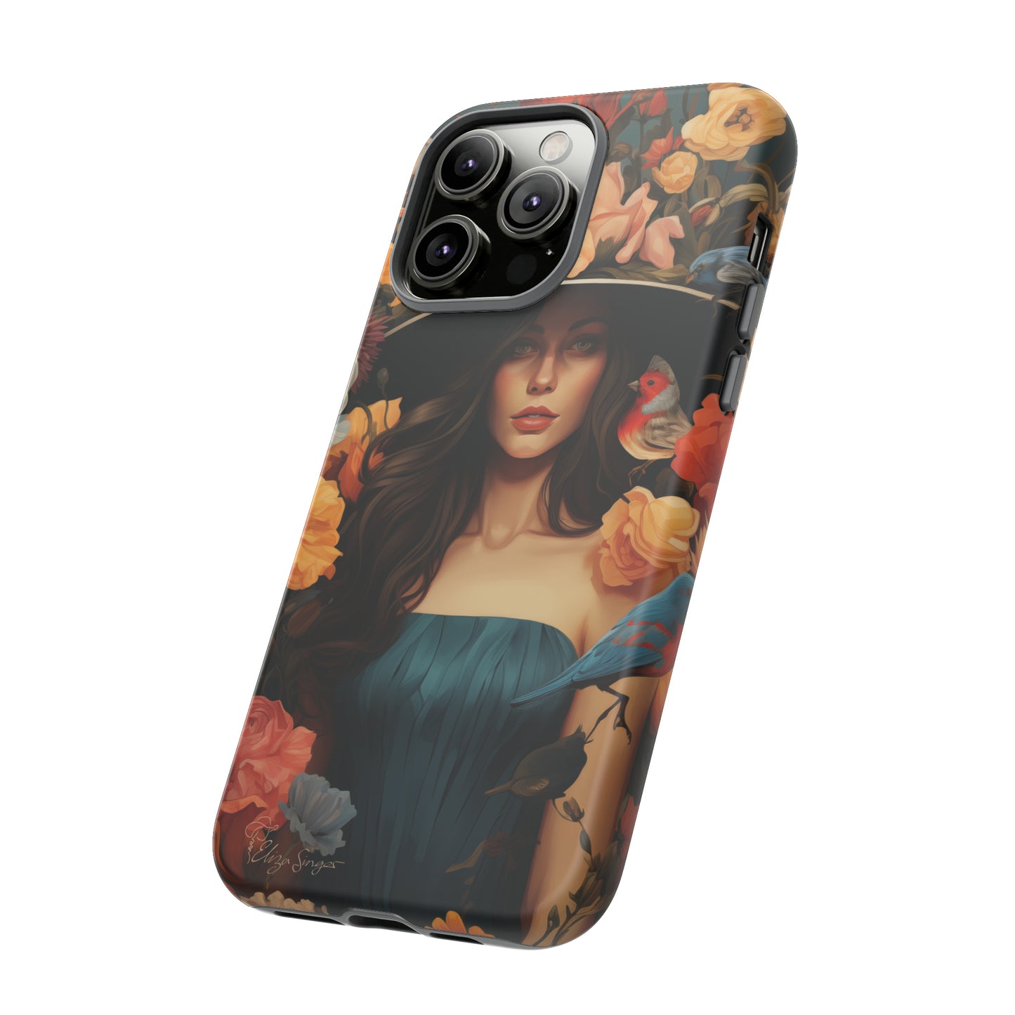 Dark Elegance Unveiled: Explore our Tough Cell Phone Case with a captivating dark background and a woman adorned with a hat amid blooming flowers. This edition seamlessly blends sophistication with robust protection, showcasing the allure of dark elegance. Elevate your style and shield your device. #ElizaSinger #PhoneCase #ElegantProtection