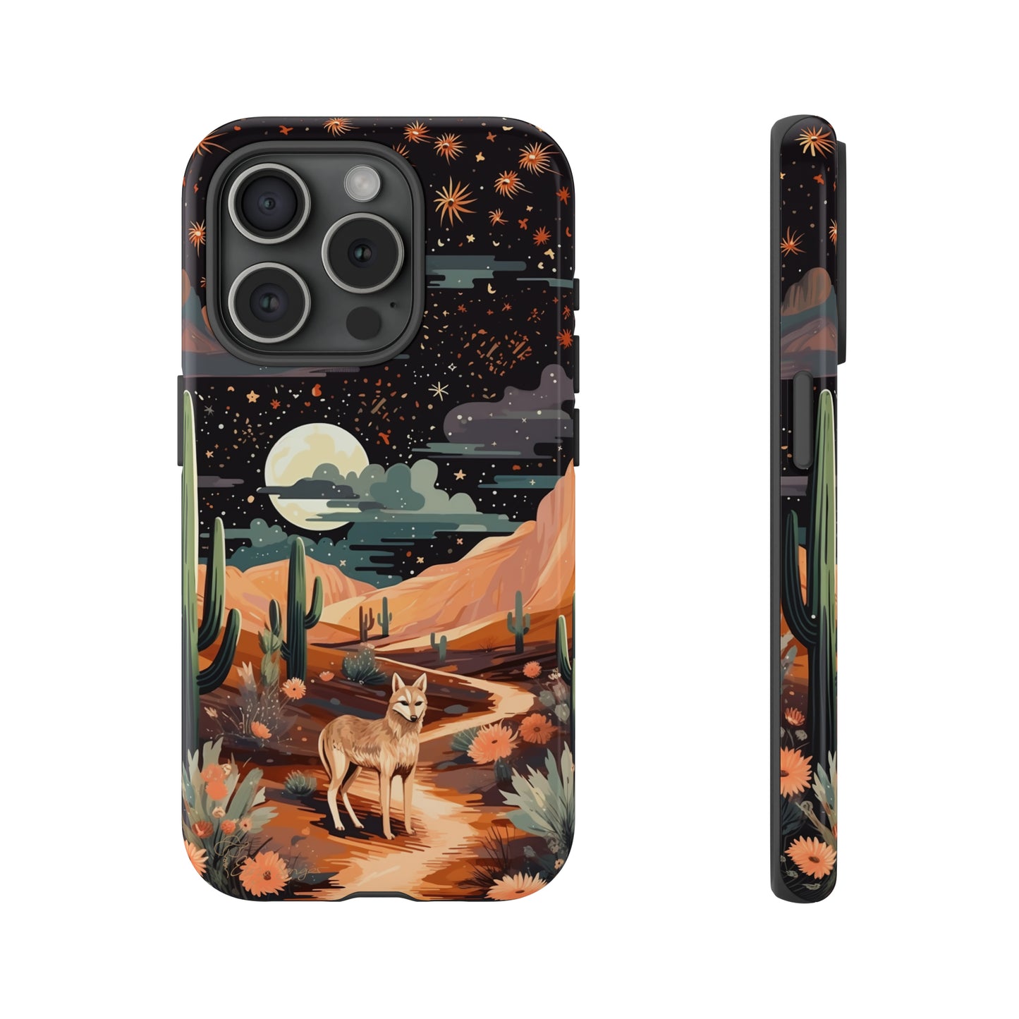 Unveiling our Tough Western Cell Phone Case: Stellar Desert Jackal Edition! Embrace the beauty of the night with a jackal in a desert landscape, under a starry sky, surrounded by cacti. This case provides rugged protection with a touch of celestial elegance.