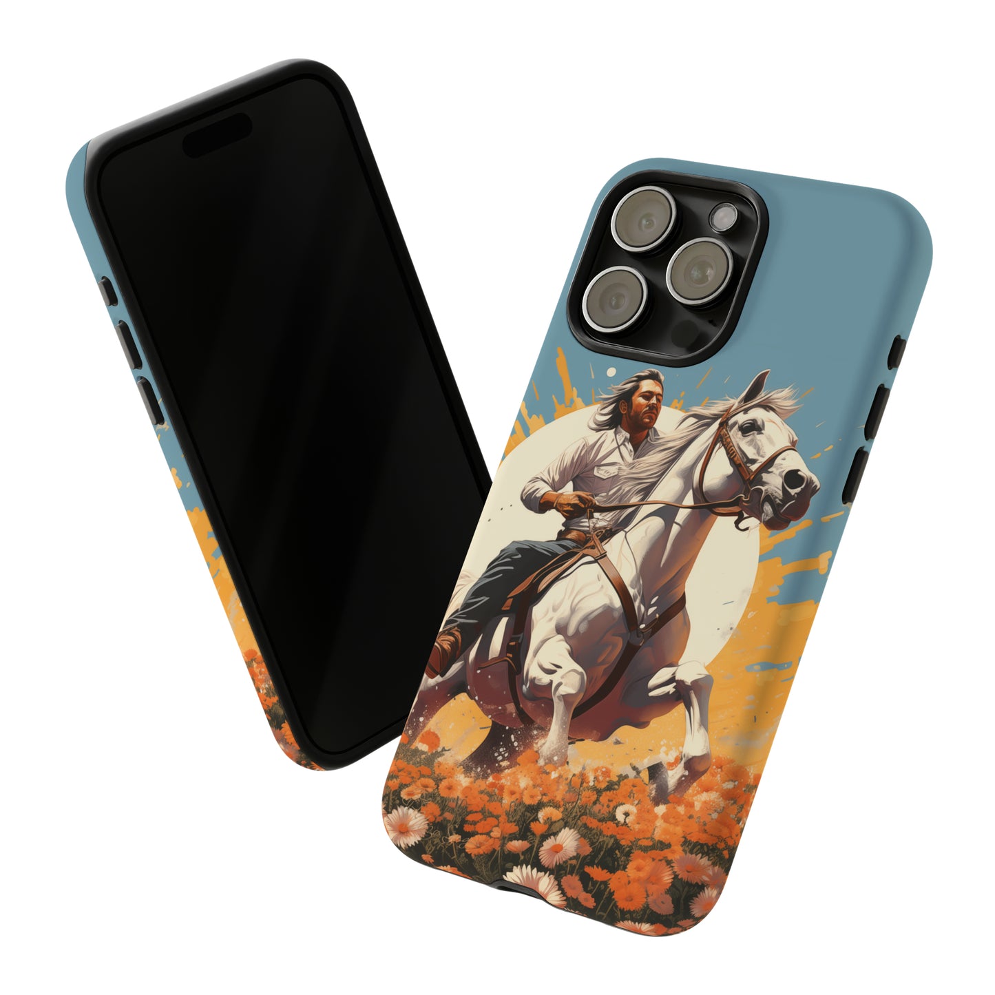 Retro Radiance Unleashed: Behold our Tough Western Cell Phone Case, featuring a vintage white horse and male rider on a vibrant turquoise backdrop. Set in a field of flowers with the sun casting a warm glow, this edition seamlessly blends style with protection. Embrace the past with this retro and stylish accessory. #ElizaSinger #PhoneCase #RetroRadiance