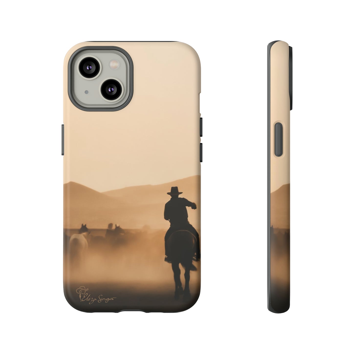 Capture the Western Spirit: Horse Art Western Photo Yellowstone Design iPhone Tough Protective Cover. Featuring a Cowboy amidst Mountains and Buckskin hues. Compatible with iPhone 15, 14, 13, XS, XR Pro/Max/Mini/P/Plus. Bring the Wild West to Your Device with Style and Durability. #ElizaSinger #PhoneCase #WesternDesign