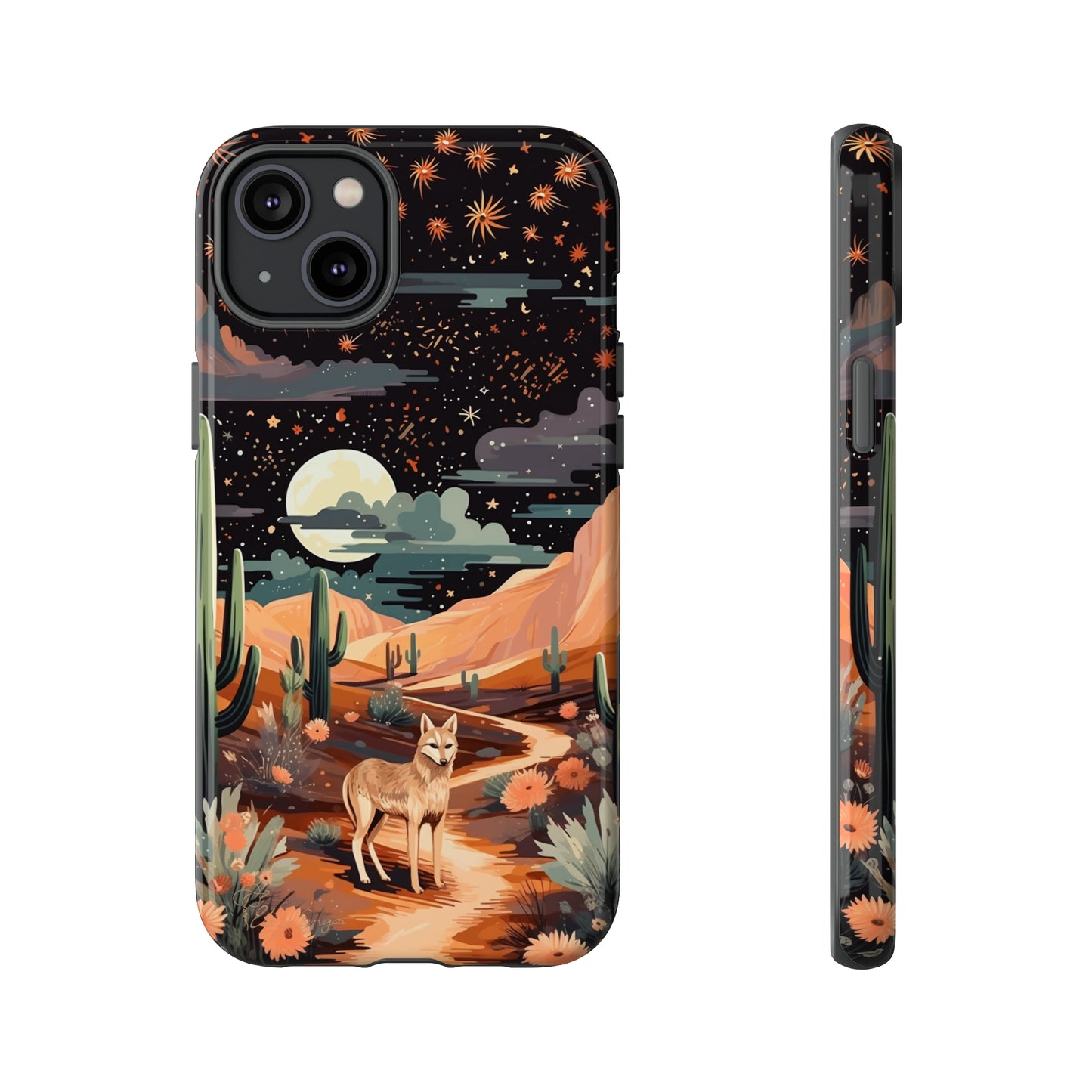 Unveiling our Tough Western Cell Phone Case: Stellar Desert Jackal Edition! Embrace the beauty of the night with a jackal in a desert landscape, under a starry sky, surrounded by cacti. This case provides rugged protection with a touch of celestial elegance.