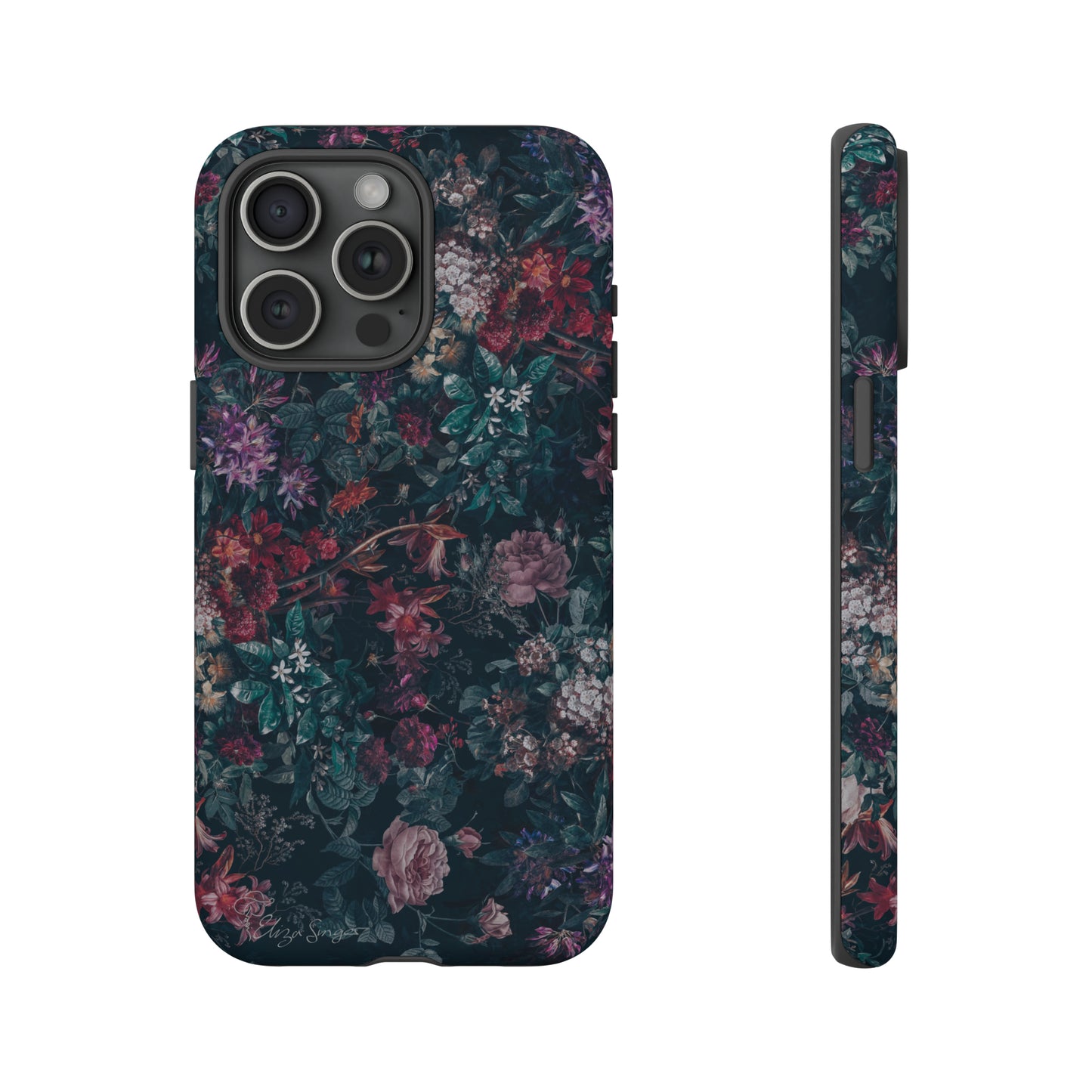 Blooms in Shadows: Botany Floral Dark iPhone Tough Protective Cover. A captivating blend of Flowers in a muted design, compatible with iPhone 15, 14, 13, 12, 11, XS, XR Pro/Max/Mini/P/Plus. Unleash Nature's Elegance with Durability and Style. #ElizaSinger #PhoneCase #FloralDesign