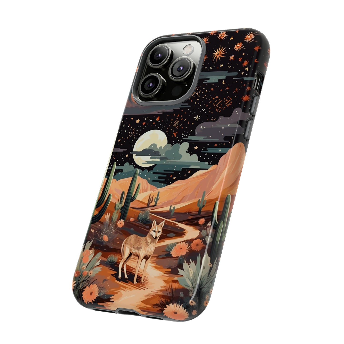 Unveiling our Tough Western Cell Phone Case: Stellar Desert Jackal Edition! Embrace the beauty of the night with a jackal in a desert landscape, under a starry sky, surrounded by cacti. This case provides rugged protection with a touch of celestial elegance.