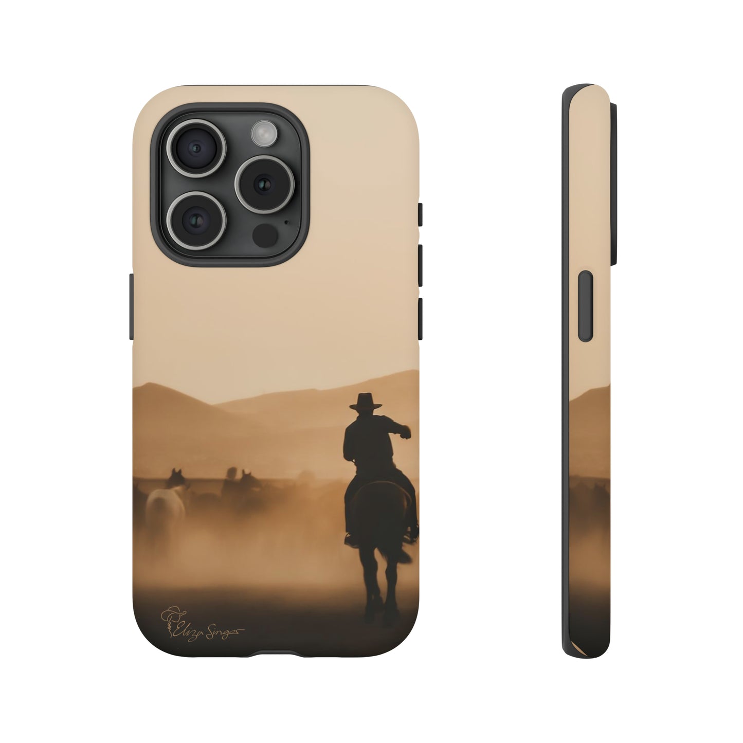 Capture the Western Spirit: Horse Art Western Photo Yellowstone Design iPhone Tough Protective Cover. Featuring a Cowboy amidst Mountains and Buckskin hues. Compatible with iPhone 15, 14, 13, XS, XR Pro/Max/Mini/P/Plus. Bring the Wild West to Your Device with Style and Durability. #ElizaSinger #PhoneCase #WesternDesign