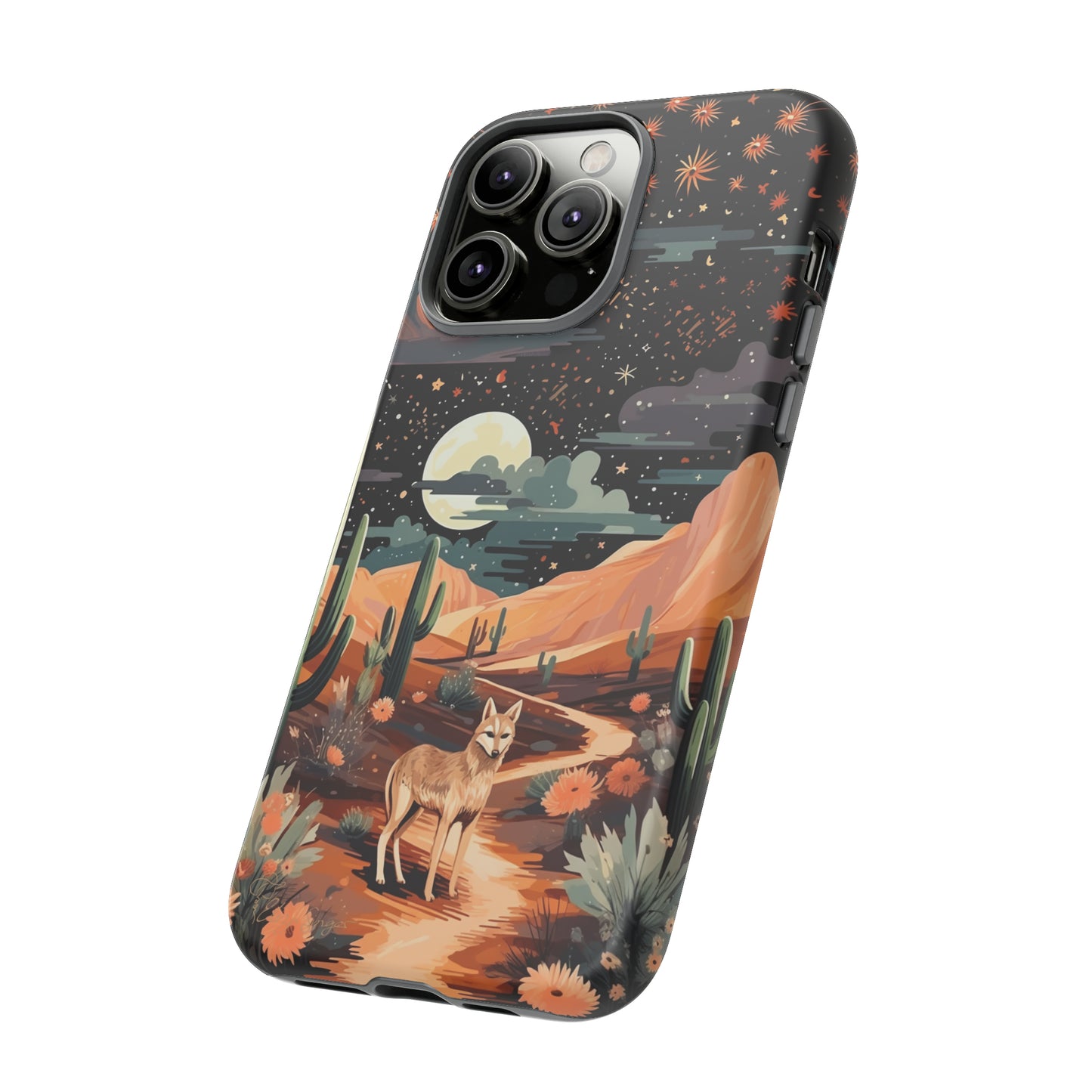 Unveiling our Tough Western Cell Phone Case: Stellar Desert Jackal Edition! Embrace the beauty of the night with a jackal in a desert landscape, under a starry sky, surrounded by cacti. This case provides rugged protection with a touch of celestial elegance.