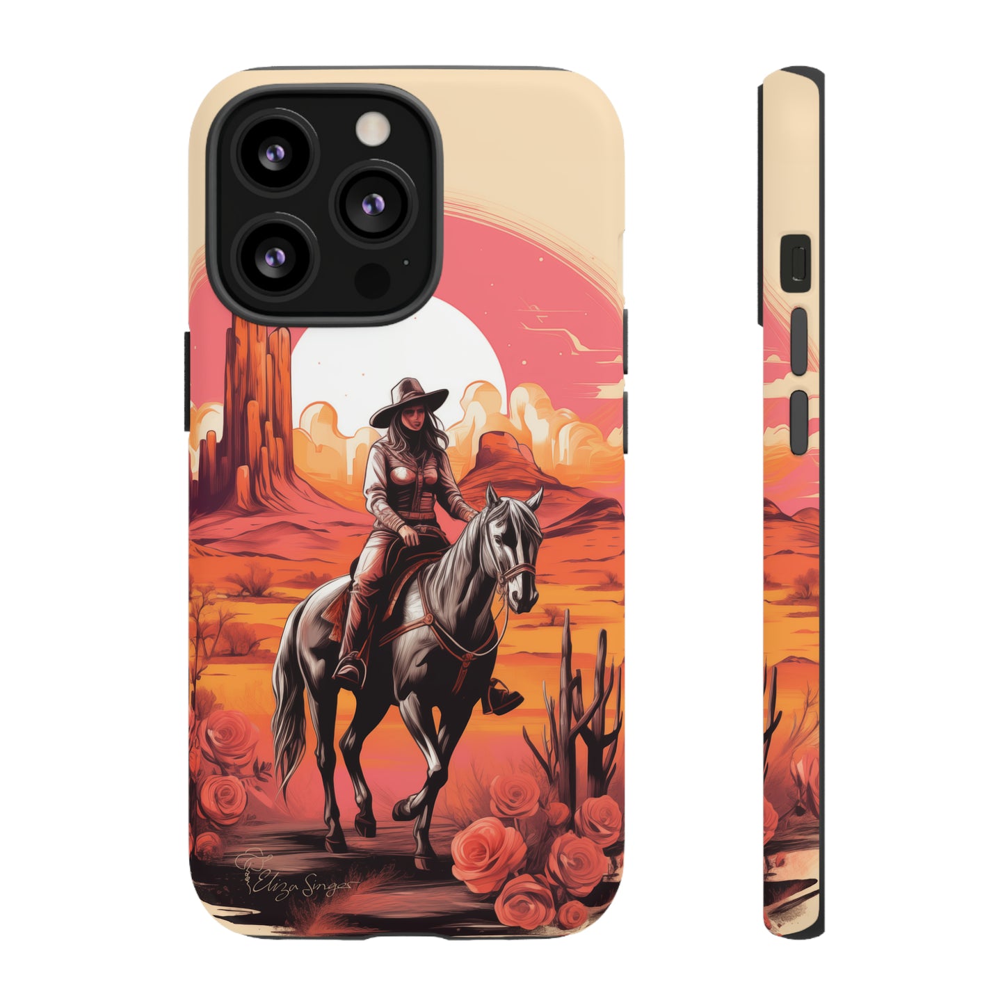 Feminine Adventure Unleashed: Introducing our Tough Western Cell Phone Case, adorned with a stunning design of a cowgirl riding a horse through the desert, surrounded by shades of coral. This unique edition seamlessly combines rugged protection with a touch of feminine flair. Elevate your style with a dash of adventurous charm. #ElizaSinger #PhoneCase #FeminineAdventure